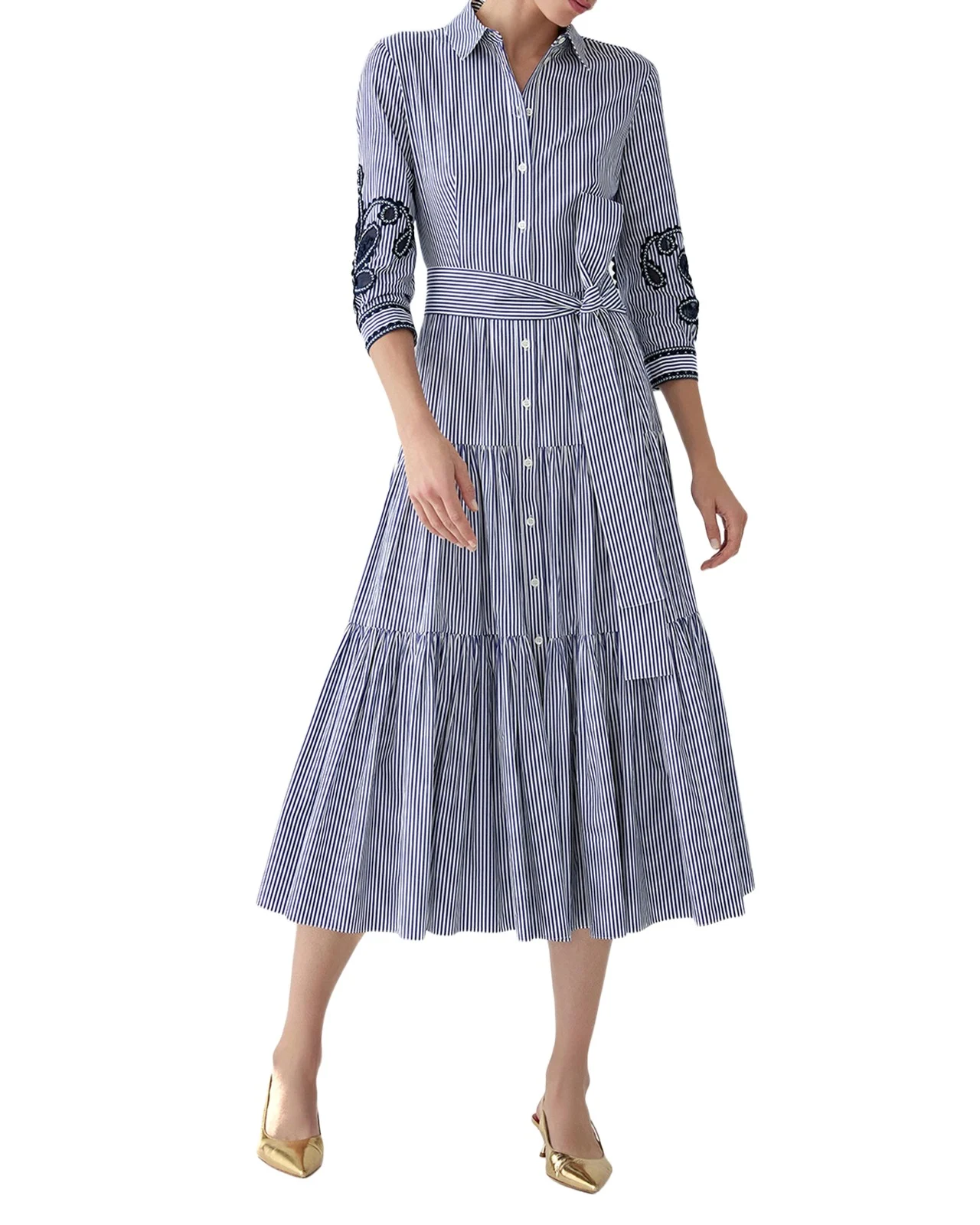 Carolina Herrera Paisley Embroidered 3/4-Sleeve Tiered Midi Shirtdress