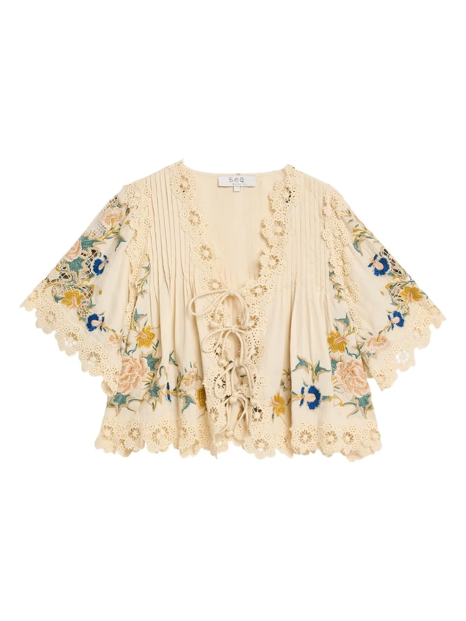 Adonna Embroidered Tie-Front Top Adonna Embroidered Tie-Front Top