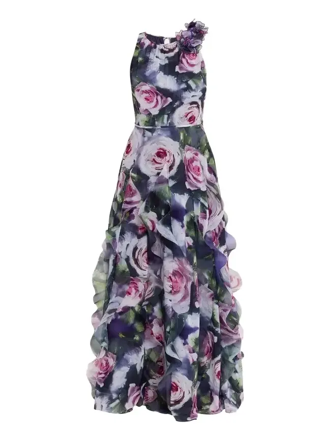 Ruffle-Trim Floral Chiffon Halter Gown Ruffle-Trim Floral Chiffon Halter Gown