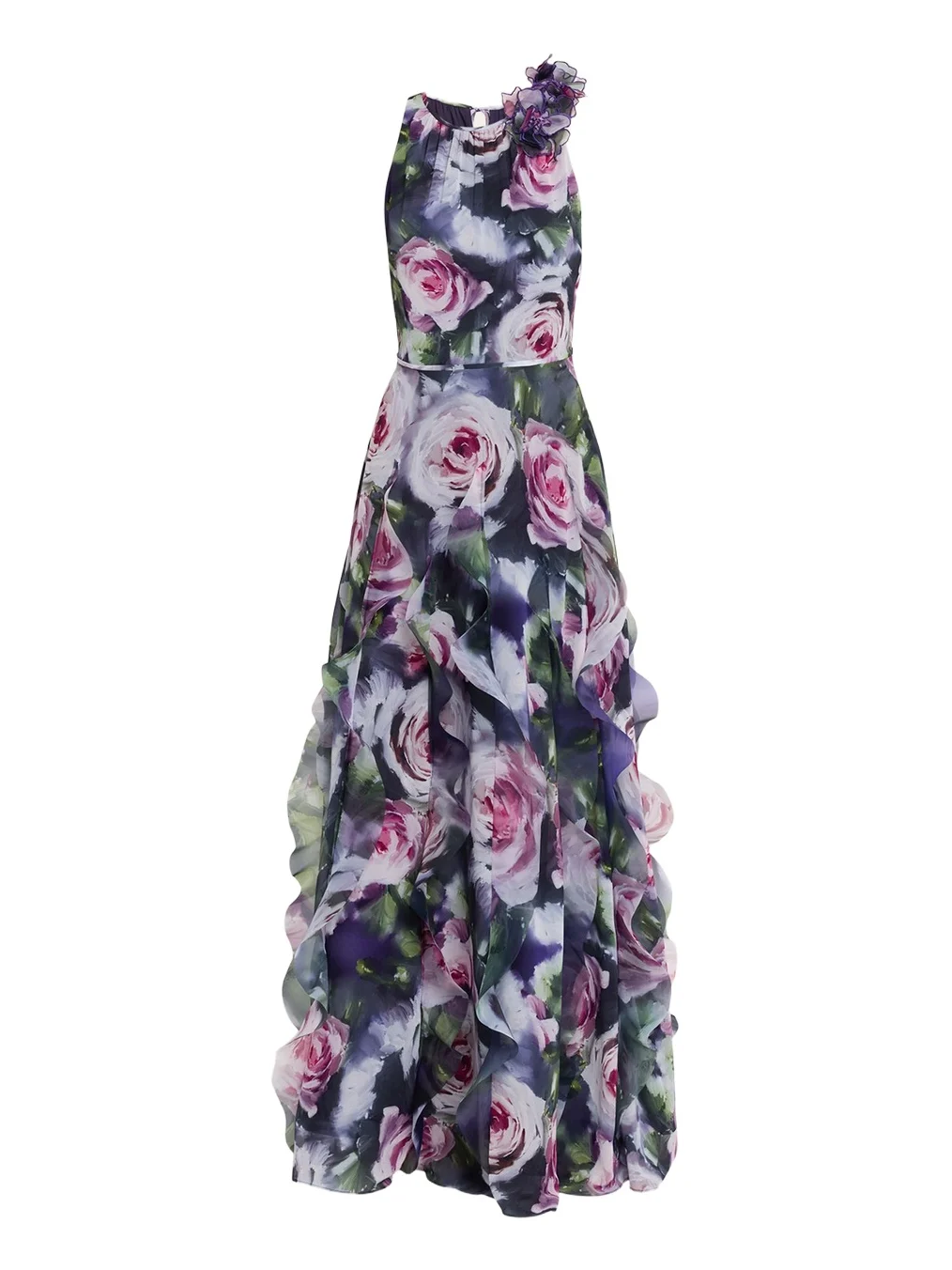 Ruffle-Trim Floral Chiffon Halter Gown Ruffle-Trim Floral Chiffon Halter Gown