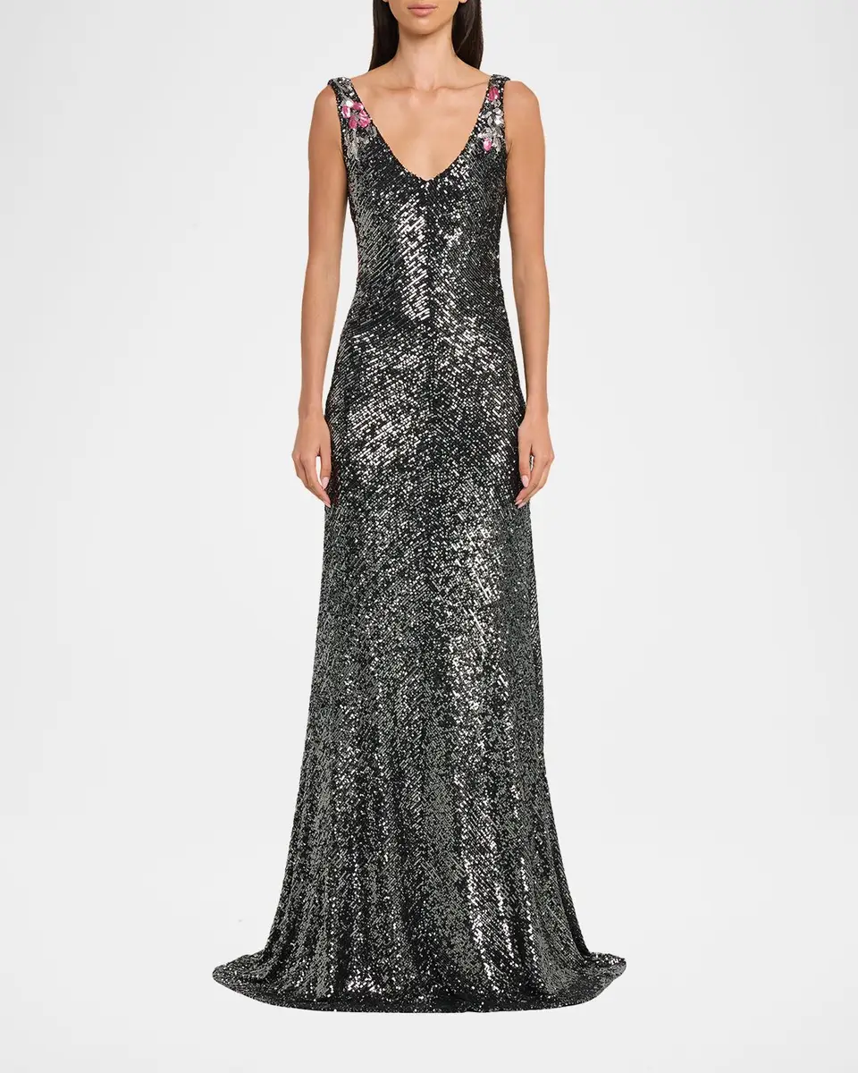 Naeem Khan Floral Applique Stretch Sequin V-Neck Gown | Thumbnail 2 Naeem Khan Floral Applique Stretch Sequin V-Neck Gown | Thumbnail 2