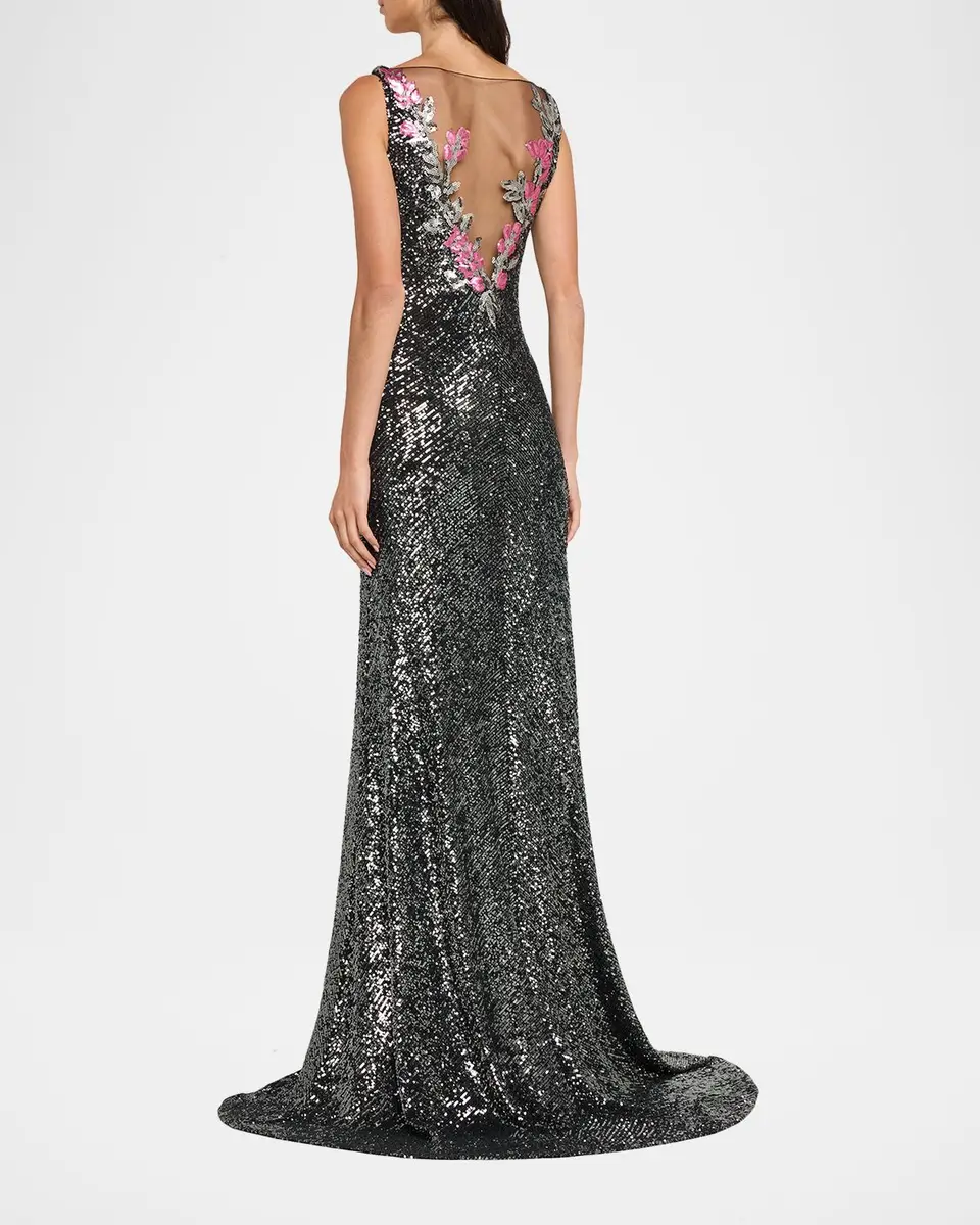 Naeem Khan Floral Applique Stretch Sequin V-Neck Gown | Thumbnail 3 Naeem Khan Floral Applique Stretch Sequin V-Neck Gown | Thumbnail 3