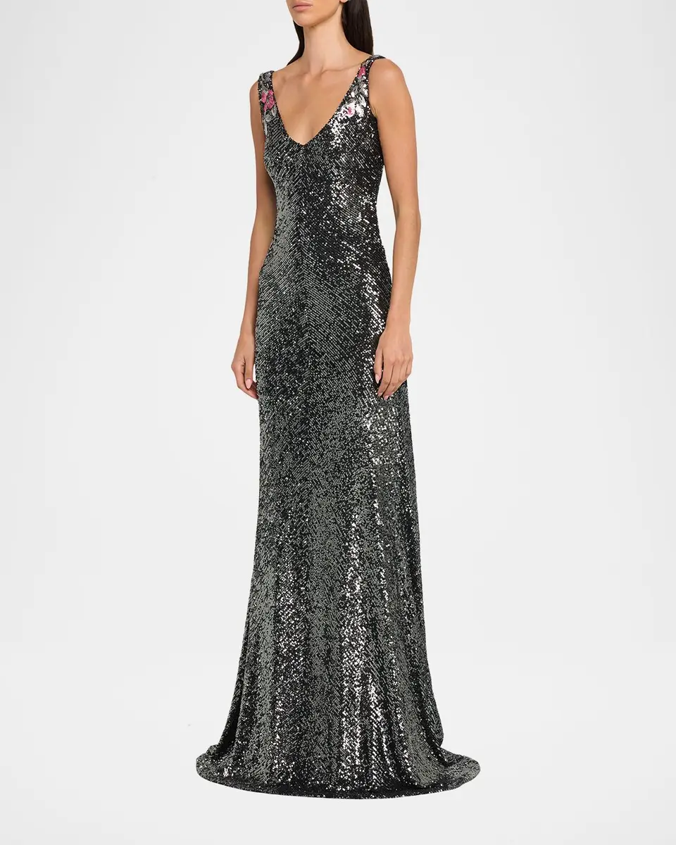 Naeem Khan Floral Applique Stretch Sequin V-Neck Gown | Thumbnail 4 Naeem Khan Floral Applique Stretch Sequin V-Neck Gown | Thumbnail 4