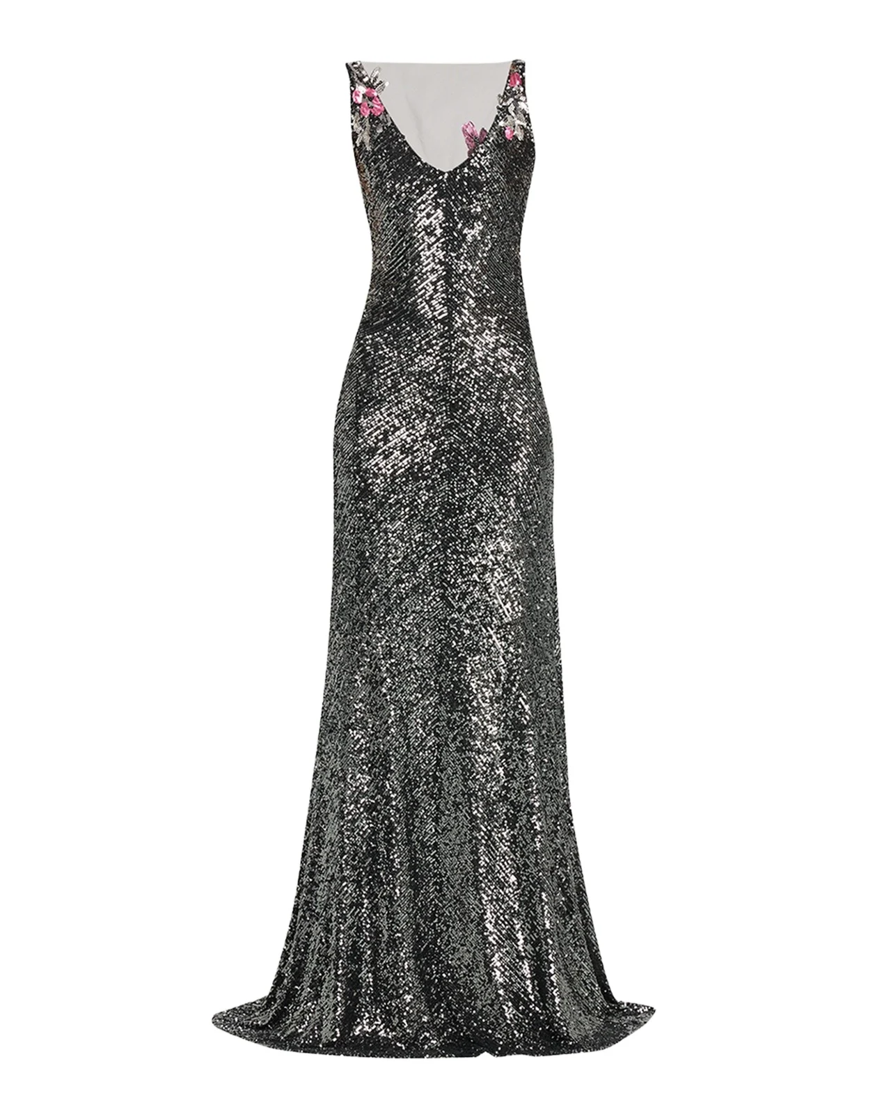 Naeem Khan Floral Applique Stretch Sequin V-Neck Gown