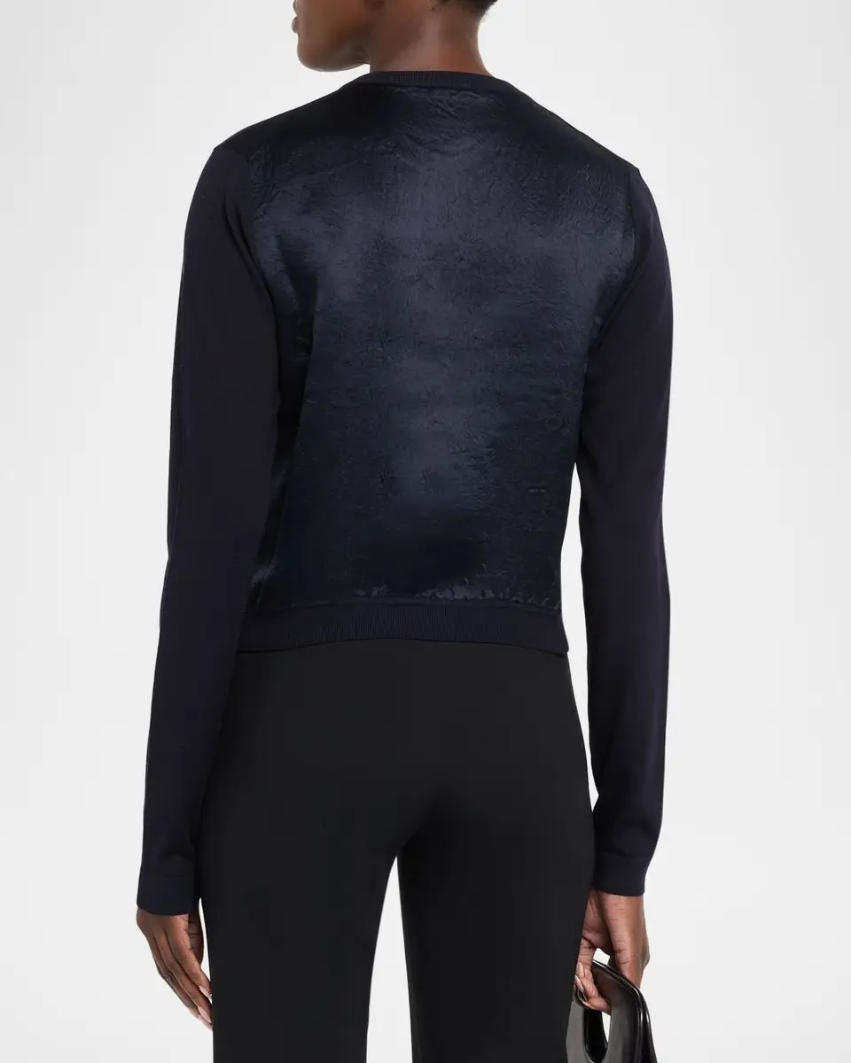Jason Wu Collection Merino Wool Crewneck Cardigan With Satin Panel | Thumbnail 3 Jason Wu Collection Merino Wool Crewneck Cardigan With Satin Panel | Thumbnail 3