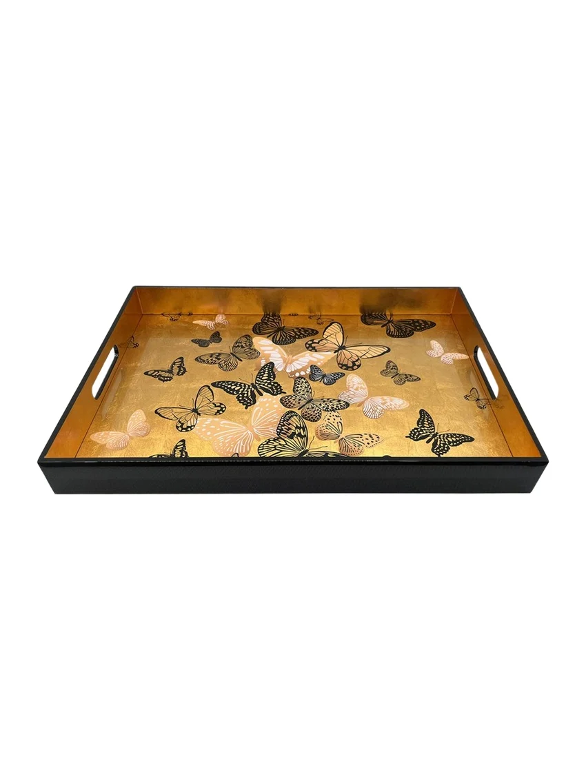 Nomi K Gold Butterfly Lacquer Rectangular Tray