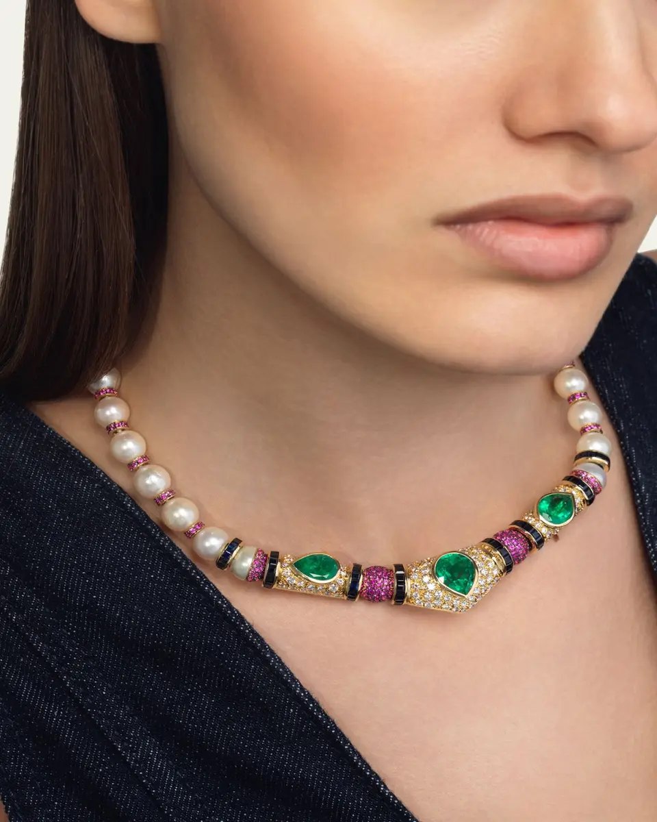 Emily P. Wheeler 18K Yellow Gold Re-Worked Vintage Necklace with Pearls, Diamonds, Emeralds and Sapphires | Thumbnail 2 Emily P. Wheeler 18K Yellow Gold Re-Worked Vintage Necklace with Pearls, Diamonds, Emeralds and Sapphires | Thumbnail 2
