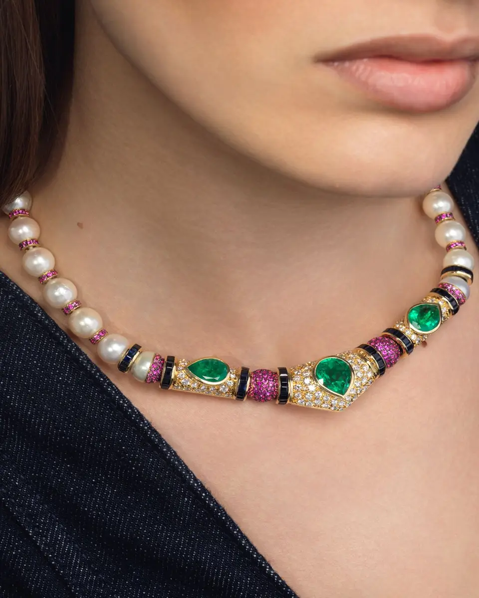 Emily P. Wheeler 18K Yellow Gold Re-Worked Vintage Necklace with Pearls, Diamonds, Emeralds and Sapphires | Thumbnail 4 Emily P. Wheeler 18K Yellow Gold Re-Worked Vintage Necklace with Pearls, Diamonds, Emeralds and Sapphires | Thumbnail 4