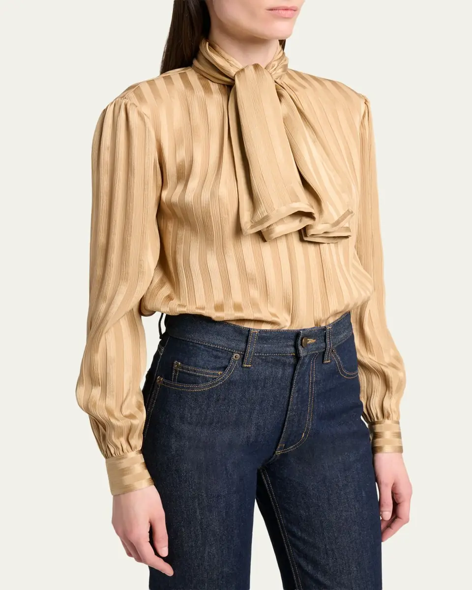 Saint Laurent Lavalliere Striped Silk Long-Sleeve Blouse | Thumbnail 4