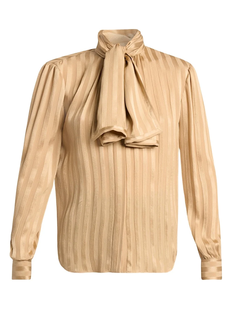 Lavalliere Striped Silk Long-Sleeve Blouse Lavalliere Striped Silk Long-Sleeve Blouse