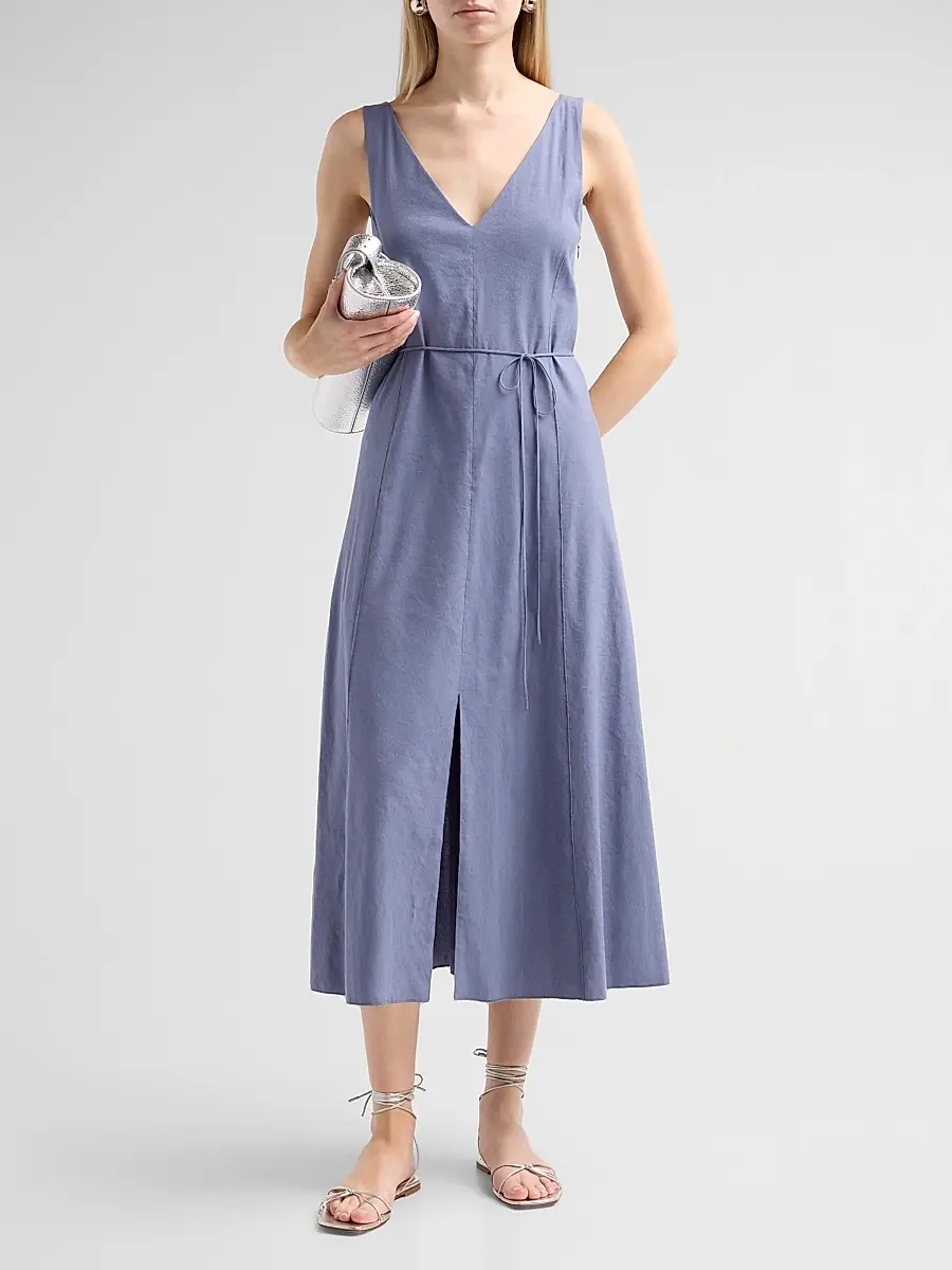 Vince Women's V-Neck Linen-Blend Sleeveless Midi-Dress | Thumbnail 2 Vince Women's V-Neck Linen-Blend Sleeveless Midi-Dress | Thumbnail 2