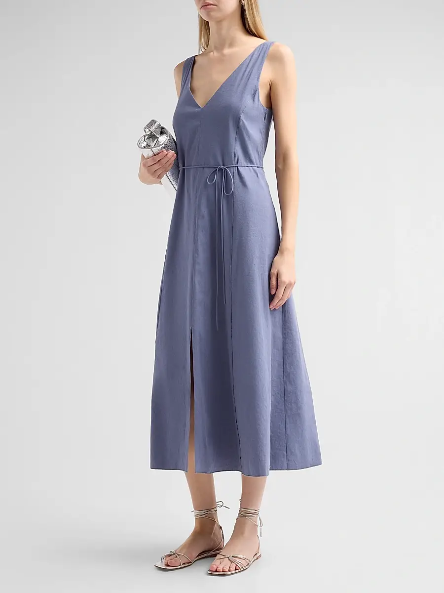 Vince Women's V-Neck Linen-Blend Sleeveless Midi-Dress | Thumbnail 4 Vince Women's V-Neck Linen-Blend Sleeveless Midi-Dress | Thumbnail 4