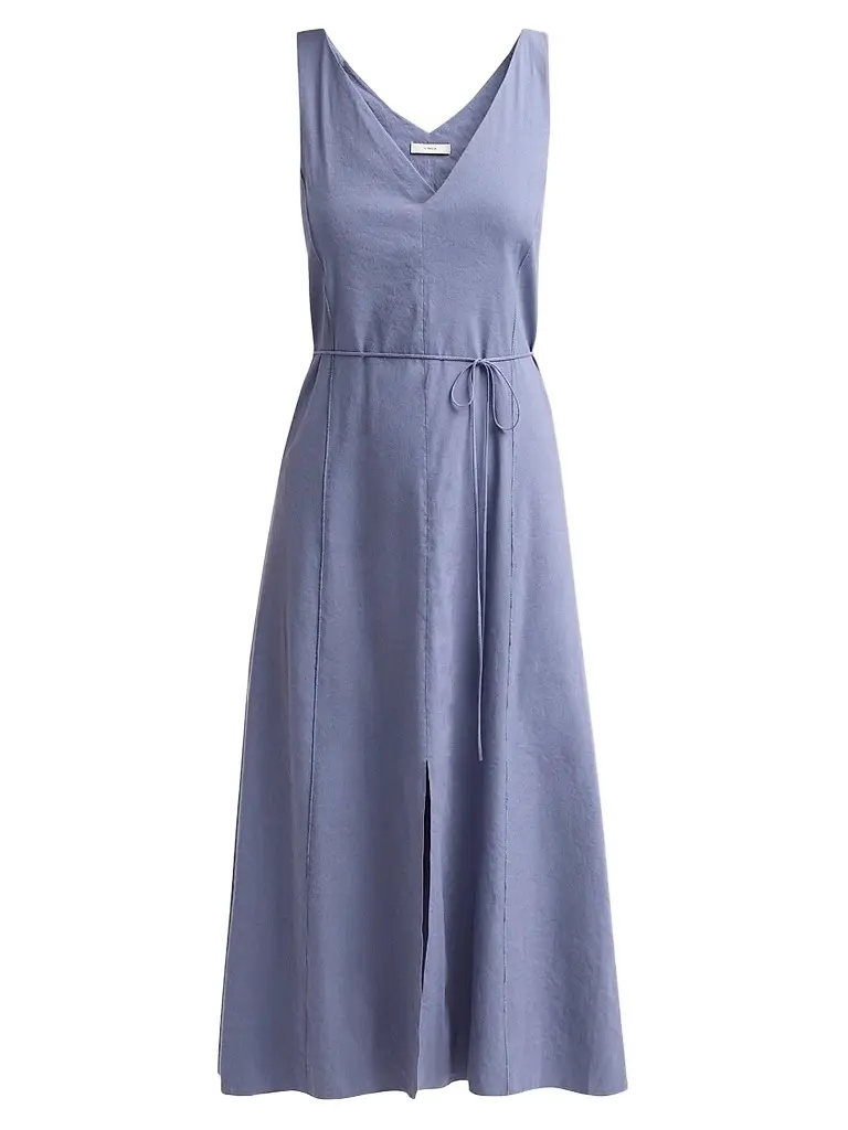 Vince Women's V-Neck Linen-Blend Sleeveless Midi-Dress - Azul - Size XXS | Image 1 Vince Women's V-Neck Linen-Blend Sleeveless Midi-Dress - Azul - Size XXS | Image 1