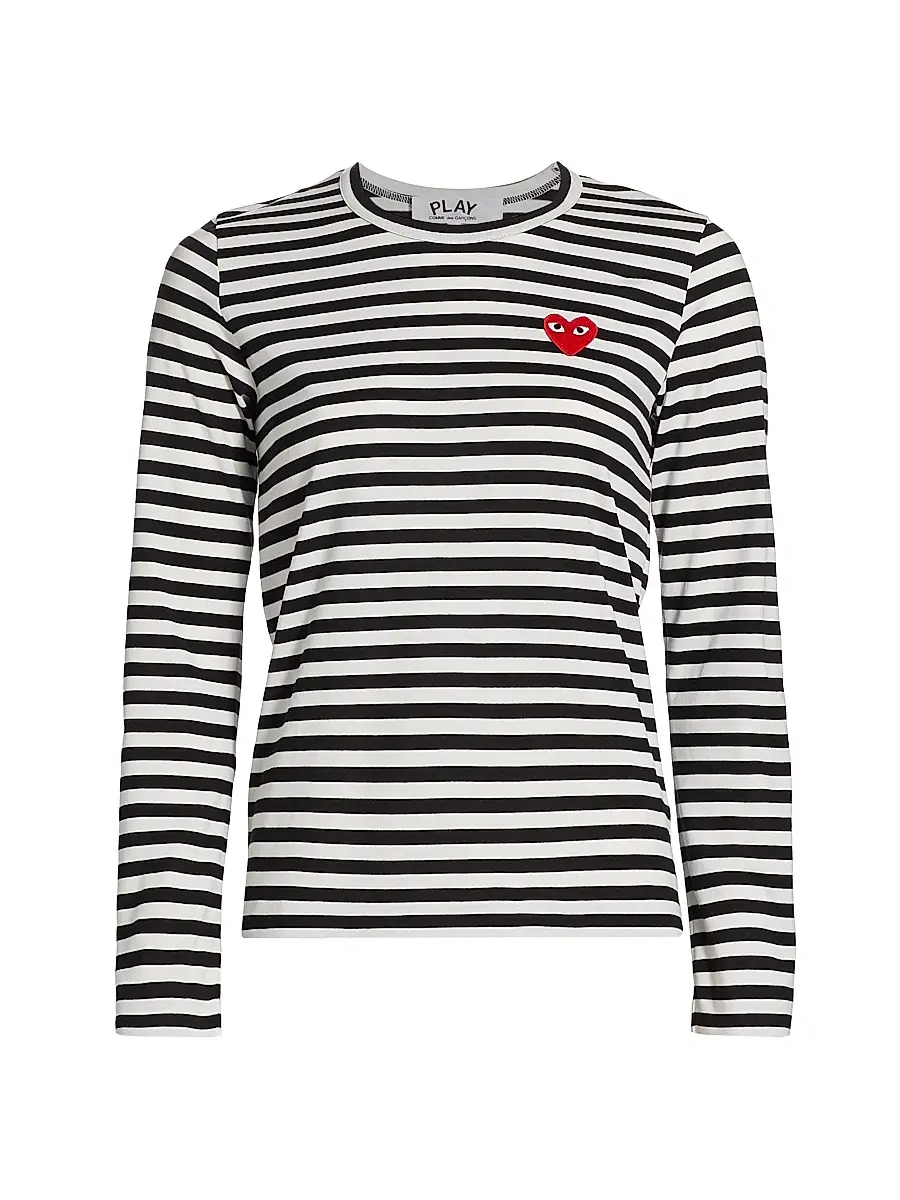 Comme des Garçons PLAY Women's Striped Red Heart Long-Sleeve Shirt - Black White - Size Large | Image 1 Comme des Garçons PLAY Women's Striped Red Heart Long-Sleeve Shirt - Black White - Size Large | Image 1