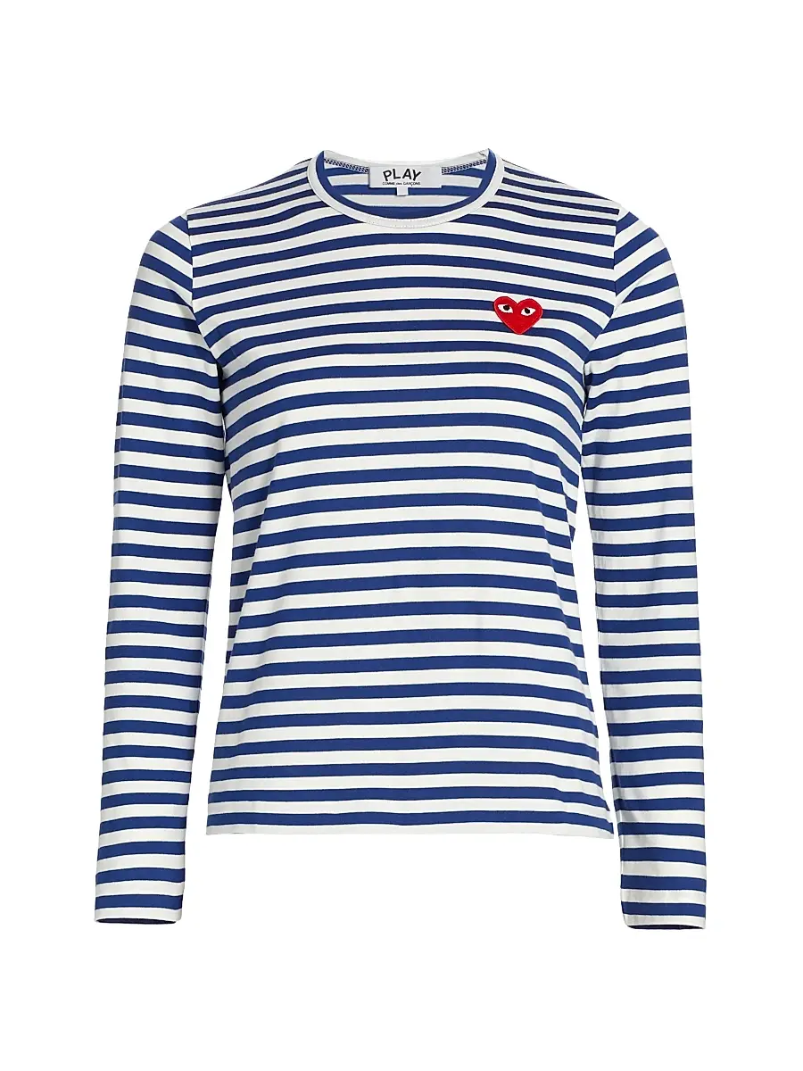 Comme des Garçons PLAY Women's Striped Red Heart Long-Sleeve Shirt - Navy White - Size Medium | Image 1 Comme des Garçons PLAY Women's Striped Red Heart Long-Sleeve Shirt - Navy White - Size Medium | Image 1
