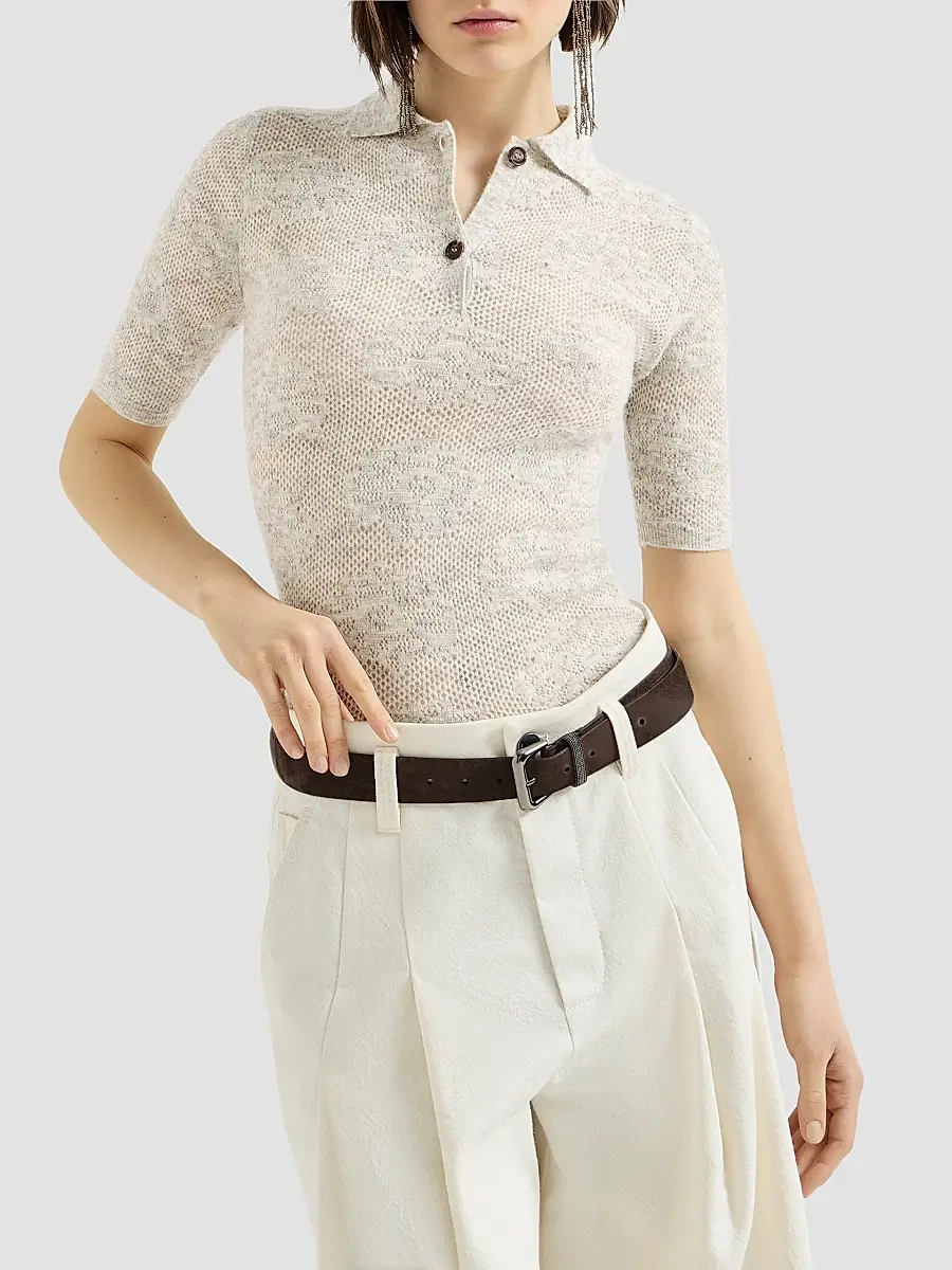 Brunello Cucinelli Women's Silk, Alpaca and Wool Flower Lace Knit Polo | Thumbnail 2 Brunello Cucinelli Women's Silk, Alpaca and Wool Flower Lace Knit Polo | Thumbnail 2