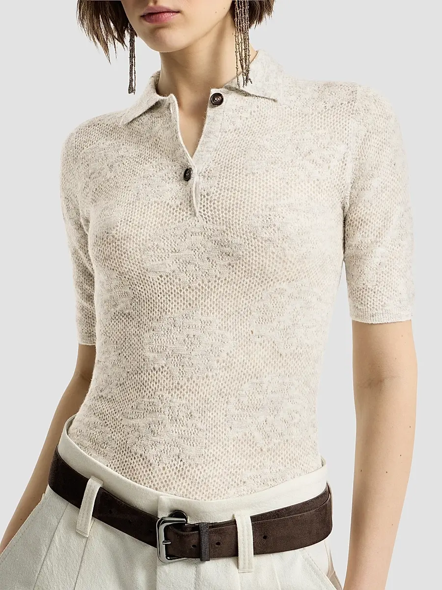 Brunello Cucinelli Women's Silk, Alpaca and Wool Flower Lace Knit Polo | Thumbnail 4 Brunello Cucinelli Women's Silk, Alpaca and Wool Flower Lace Knit Polo | Thumbnail 4