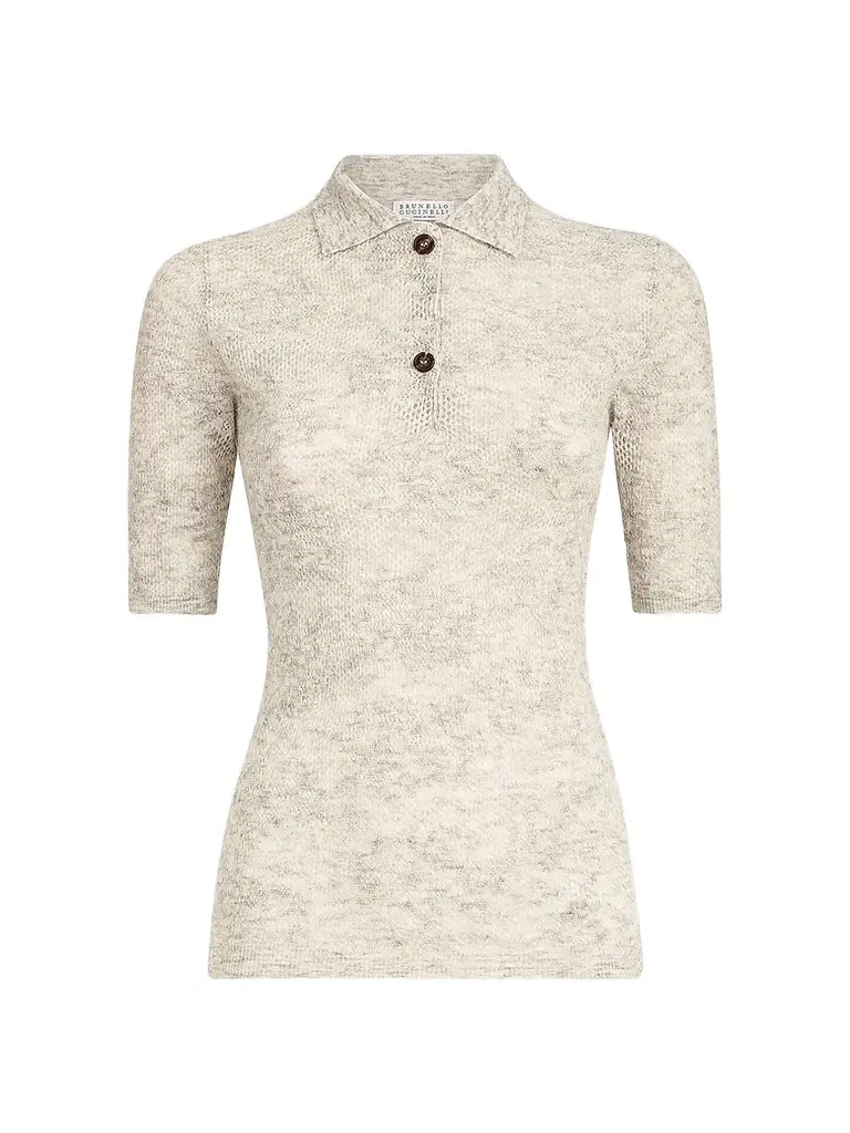 Brunello Cucinelli Women's Silk, Alpaca and Wool Flower Lace Knit Polo - Fog | Image 1 Brunello Cucinelli Women's Silk, Alpaca and Wool Flower Lace Knit Polo - Fog | Image 1