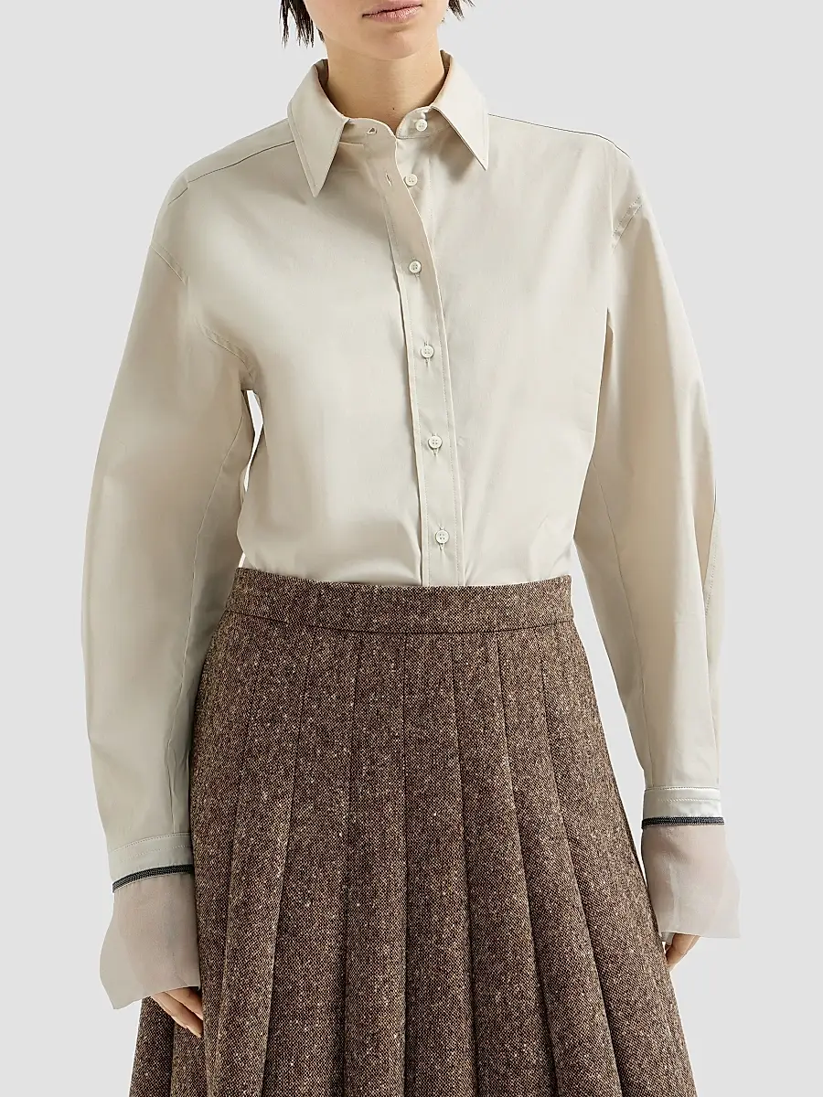 Brunello Cucinelli Women's Stretch Cotton Poplin Shirt with Shiny Silk Cuffs | Thumbnail 2 Brunello Cucinelli Women's Stretch Cotton Poplin Shirt with Shiny Silk Cuffs | Thumbnail 2