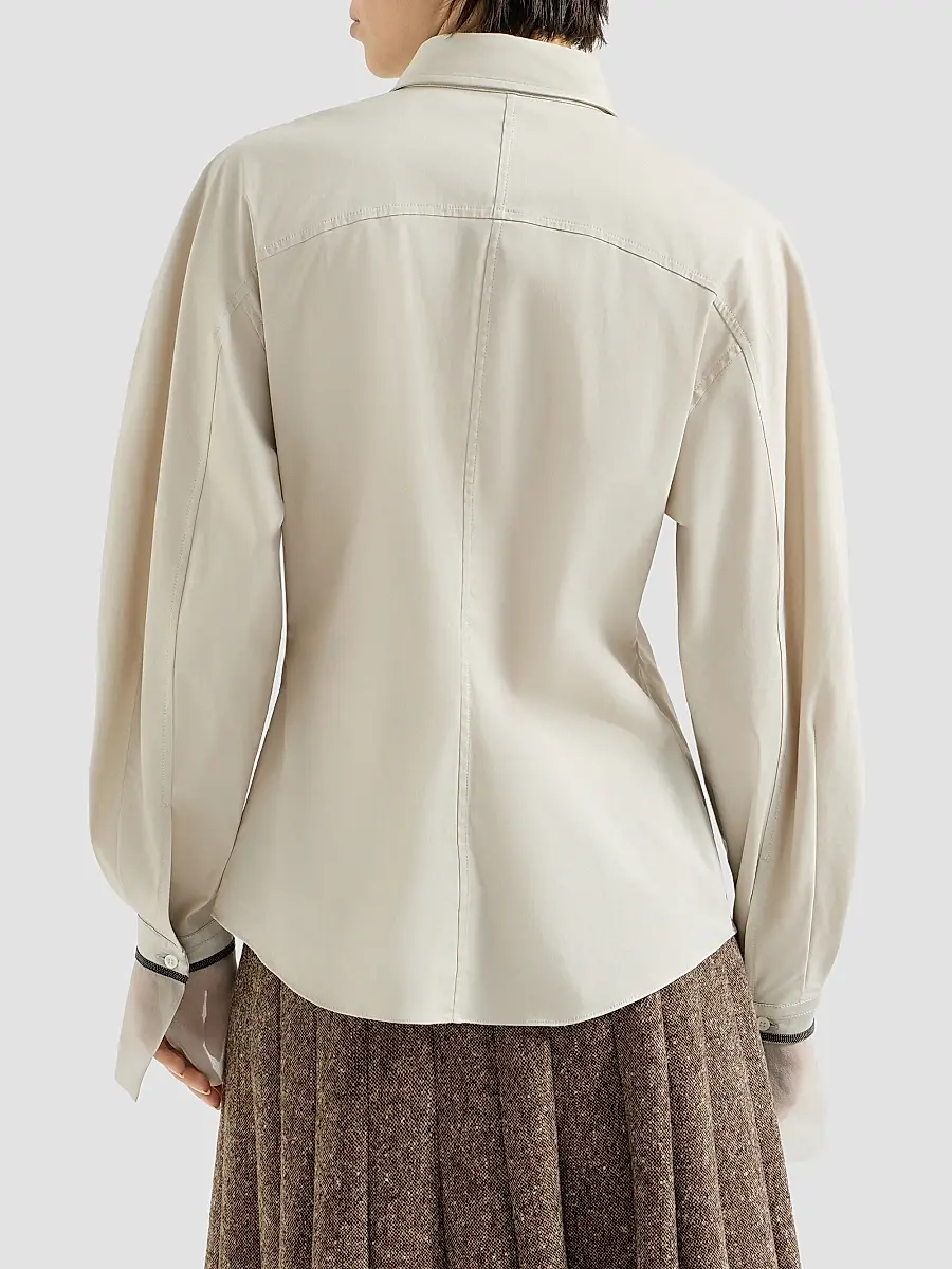 Brunello Cucinelli Women's Stretch Cotton Poplin Shirt with Shiny Silk Cuffs | Thumbnail 3 Brunello Cucinelli Women's Stretch Cotton Poplin Shirt with Shiny Silk Cuffs | Thumbnail 3