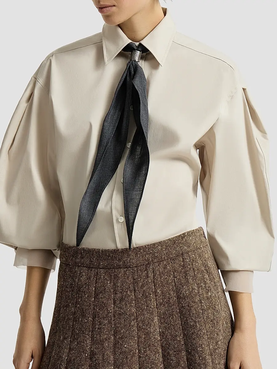 Brunello Cucinelli Women's Stretch Cotton Poplin Shirt with Shiny Silk Cuffs | Thumbnail 5 Brunello Cucinelli Women's Stretch Cotton Poplin Shirt with Shiny Silk Cuffs | Thumbnail 5