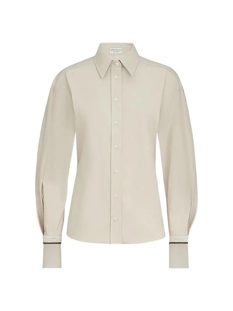 Brunello Cucinelli Women's Stretch Cotton Poplin Shirt with Shiny Silk Cuffs
