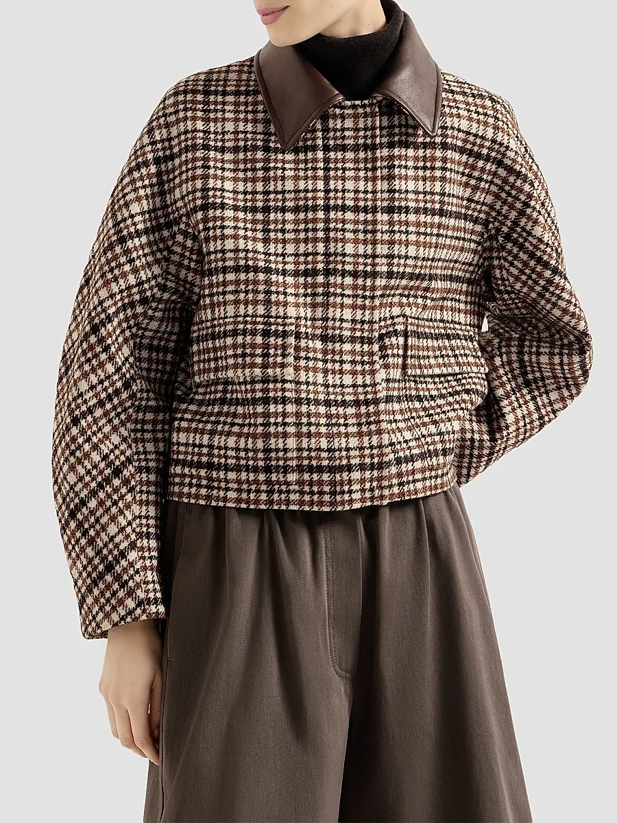Brunello Cucinelli Women's Comfort Checked Wool and Alpaca Outerwear Jacket with Leather Collar - Brown | Thumbnail 2