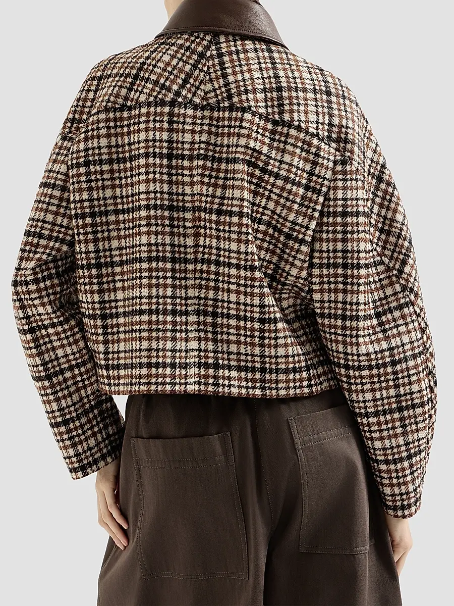Brunello Cucinelli Women's Comfort Checked Wool and Alpaca Outerwear Jacket with Leather Collar - Brown | Thumbnail 3