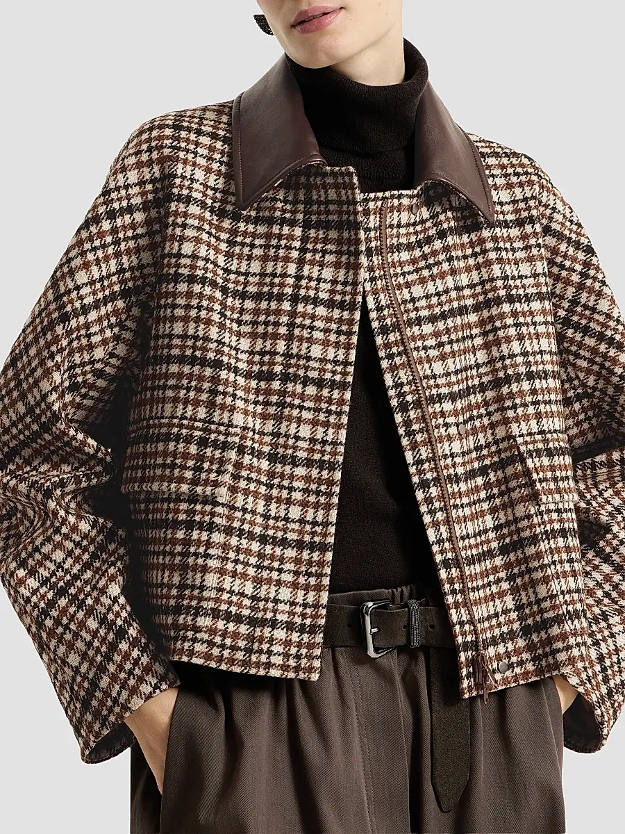 Brunello Cucinelli Women's Comfort Checked Wool and Alpaca Outerwear Jacket with Leather Collar - Brown | Thumbnail 4