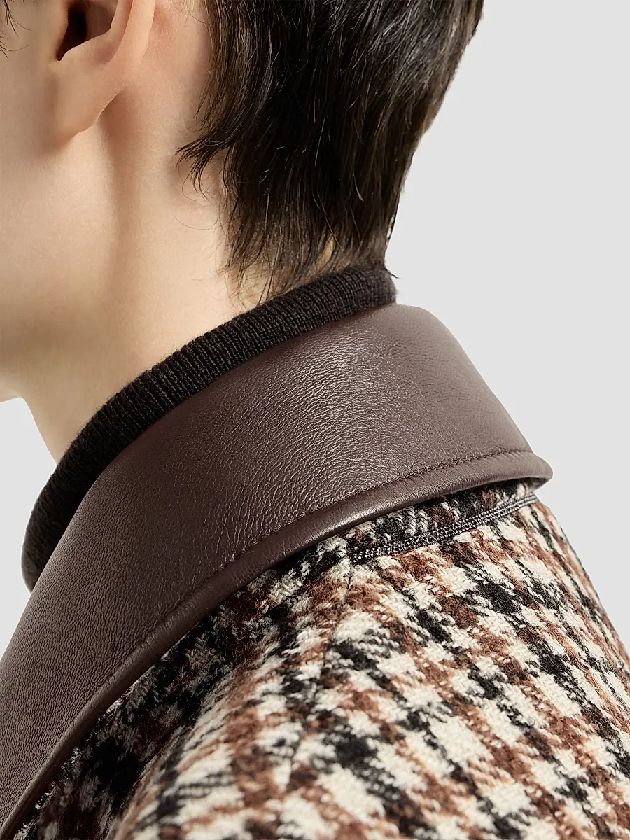 Brunello Cucinelli Women's Comfort Checked Wool and Alpaca Outerwear Jacket with Leather Collar - Brown | Thumbnail 5