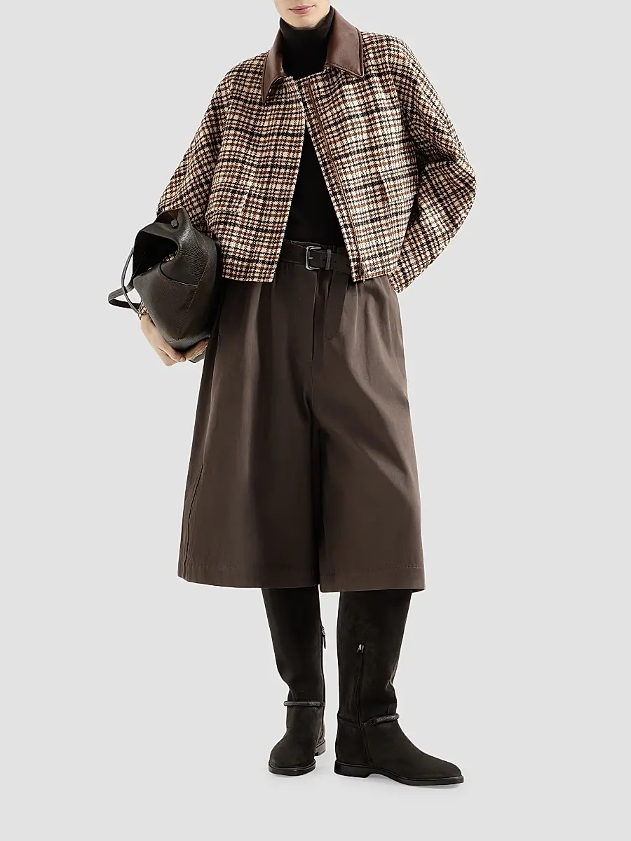 Brunello Cucinelli Women's Comfort Checked Wool and Alpaca Outerwear Jacket with Leather Collar - Brown | Thumbnail 6