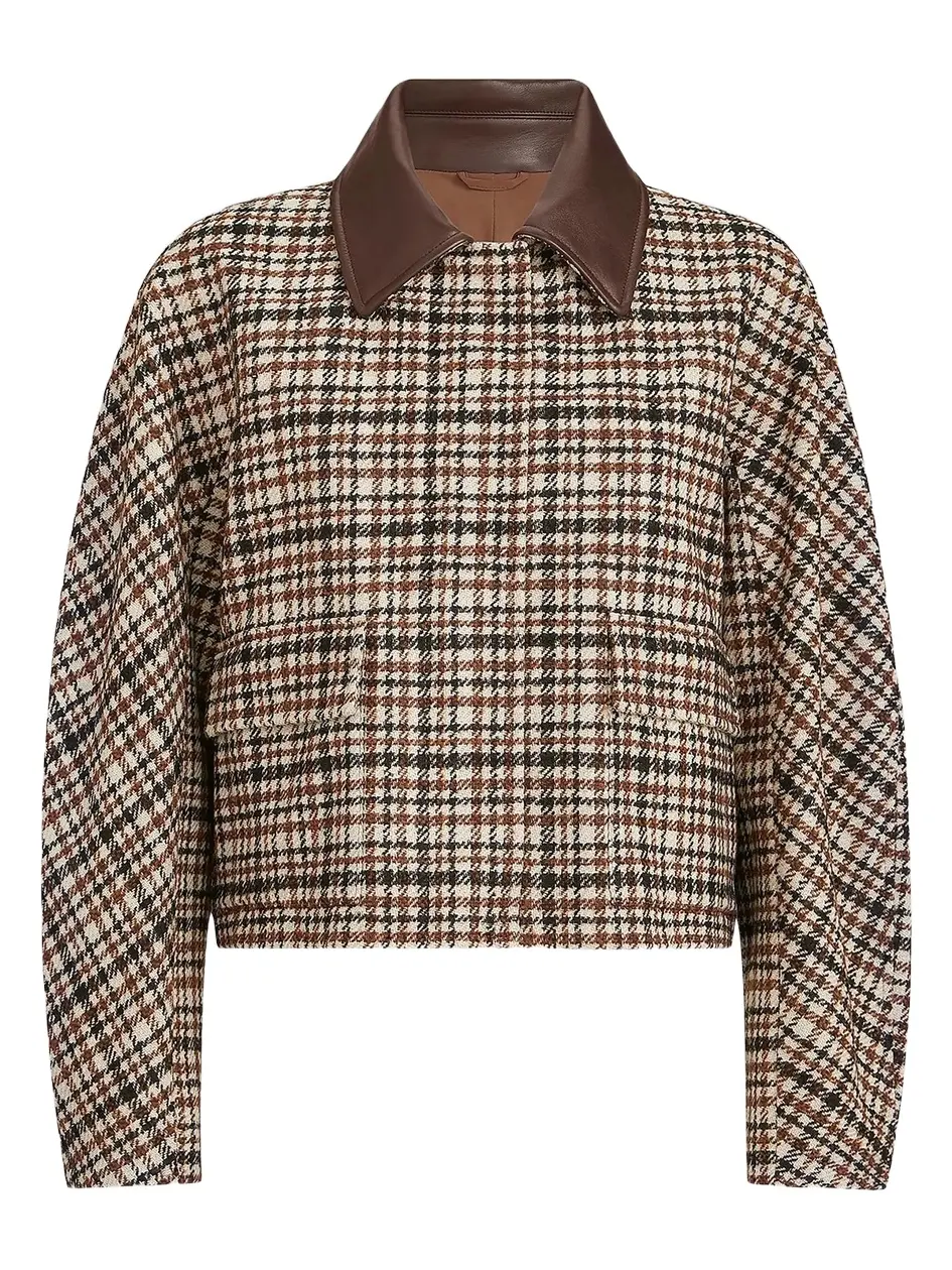 Brunello Cucinelli Women's Comfort Checked Wool and Alpaca Outerwear Jacket with Leather Collar - Brown