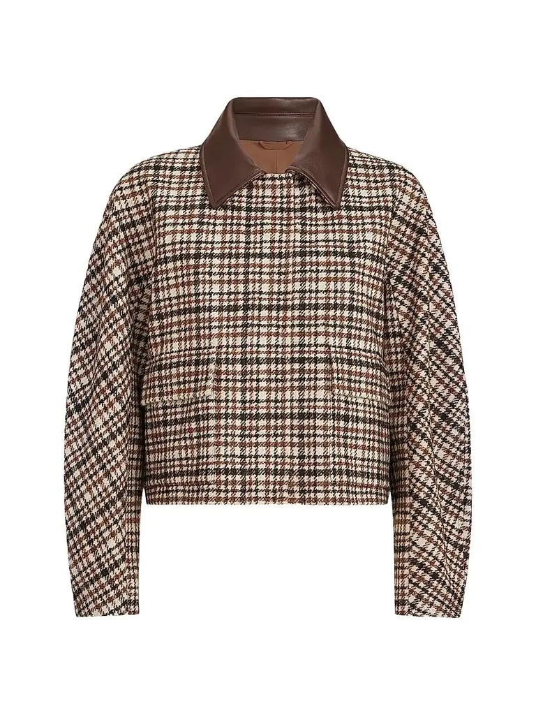 Brunello Cucinelli Women's Comfort Checked Wool and Alpaca Outerwear Jacket with Leather Collar - Brown - Size 14 | Image 1 Brunello Cucinelli Women's Comfort Checked Wool and Alpaca Outerwear Jacket with Leather Collar - Brown - Size 14 | Image 1