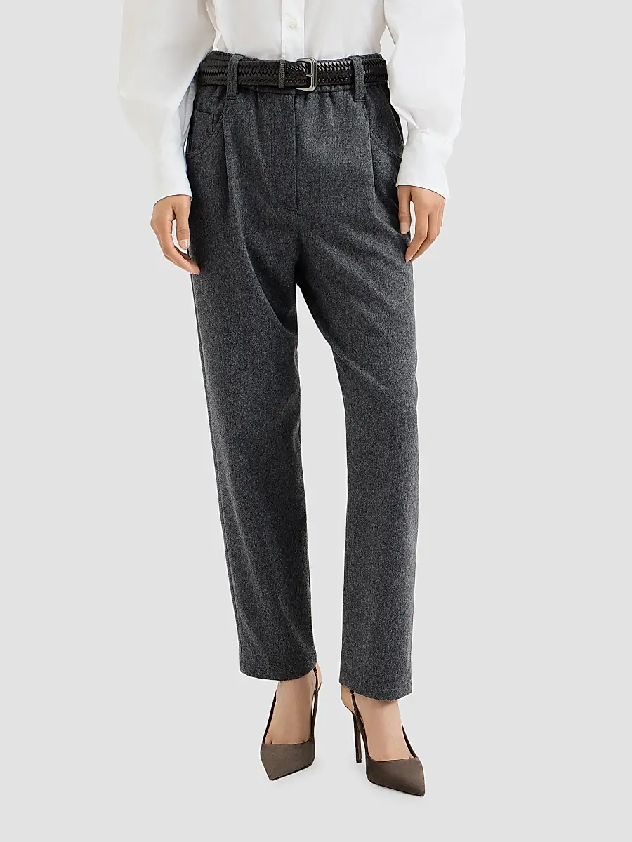 Brunello Cucinelli Women's Wool Flannel Baggy Trousers with Monili | Thumbnail 2 Brunello Cucinelli Women's Wool Flannel Baggy Trousers with Monili | Thumbnail 2
