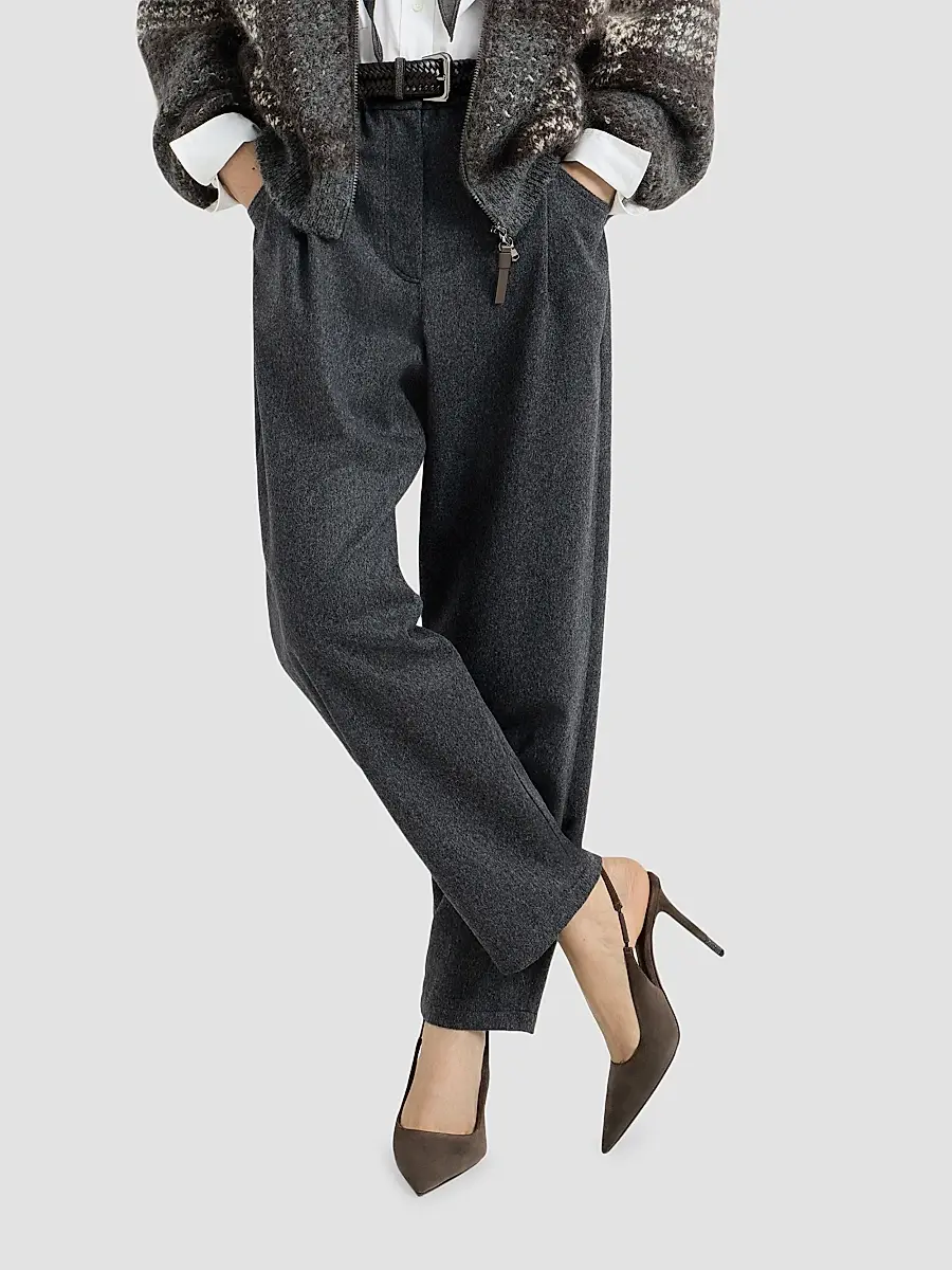 Brunello Cucinelli Women's Wool Flannel Baggy Trousers with Monili | Thumbnail 5 Brunello Cucinelli Women's Wool Flannel Baggy Trousers with Monili | Thumbnail 5