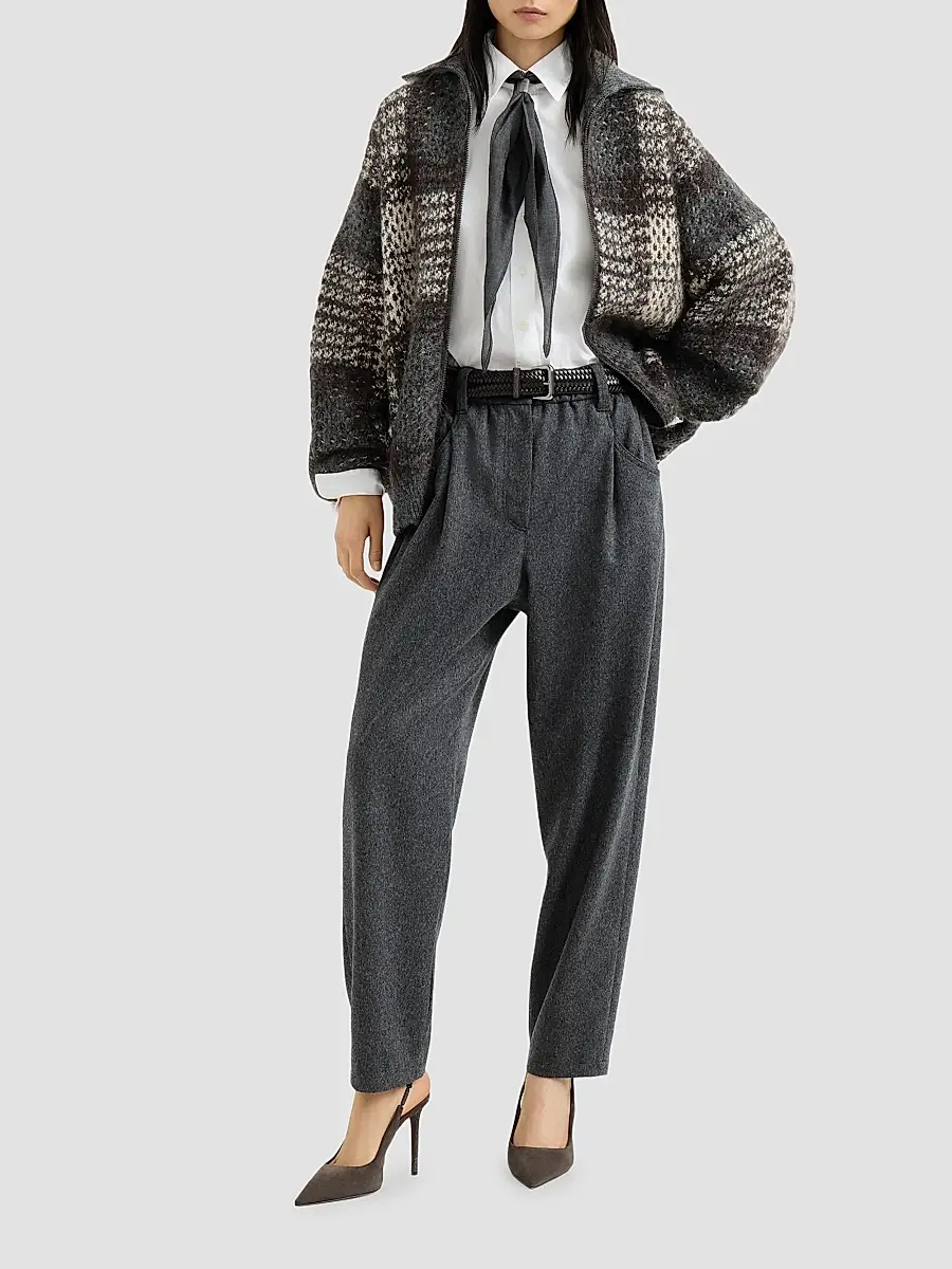 Brunello Cucinelli Women's Wool Flannel Baggy Trousers with Monili | Thumbnail 6 Brunello Cucinelli Women's Wool Flannel Baggy Trousers with Monili | Thumbnail 6