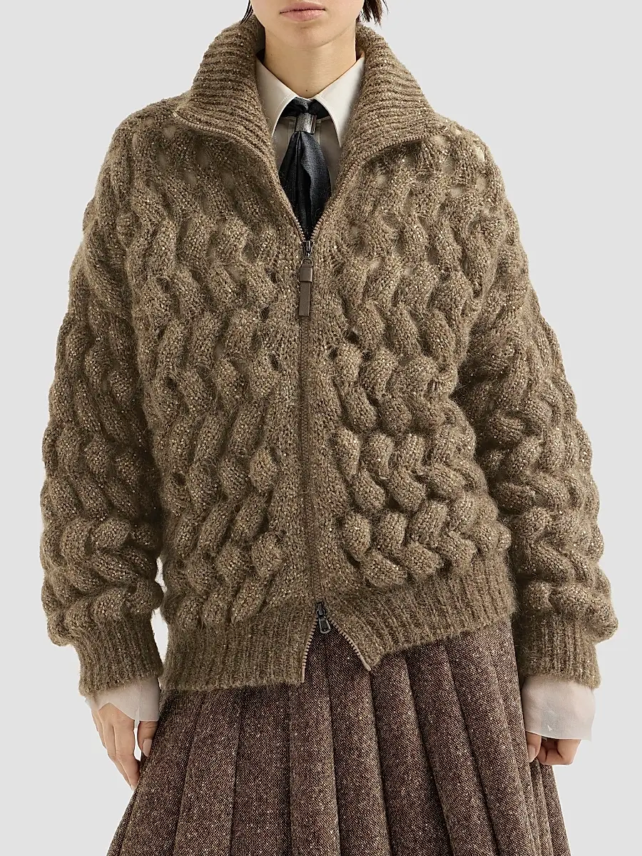 Brunello Cucinelli Women's Dazzling Zigzag Cables Cardigan in Mohair and Wool - Bark | Thumbnail 2 Brunello Cucinelli Women's Dazzling Zigzag Cables Cardigan in Mohair and Wool - Bark | Thumbnail 2