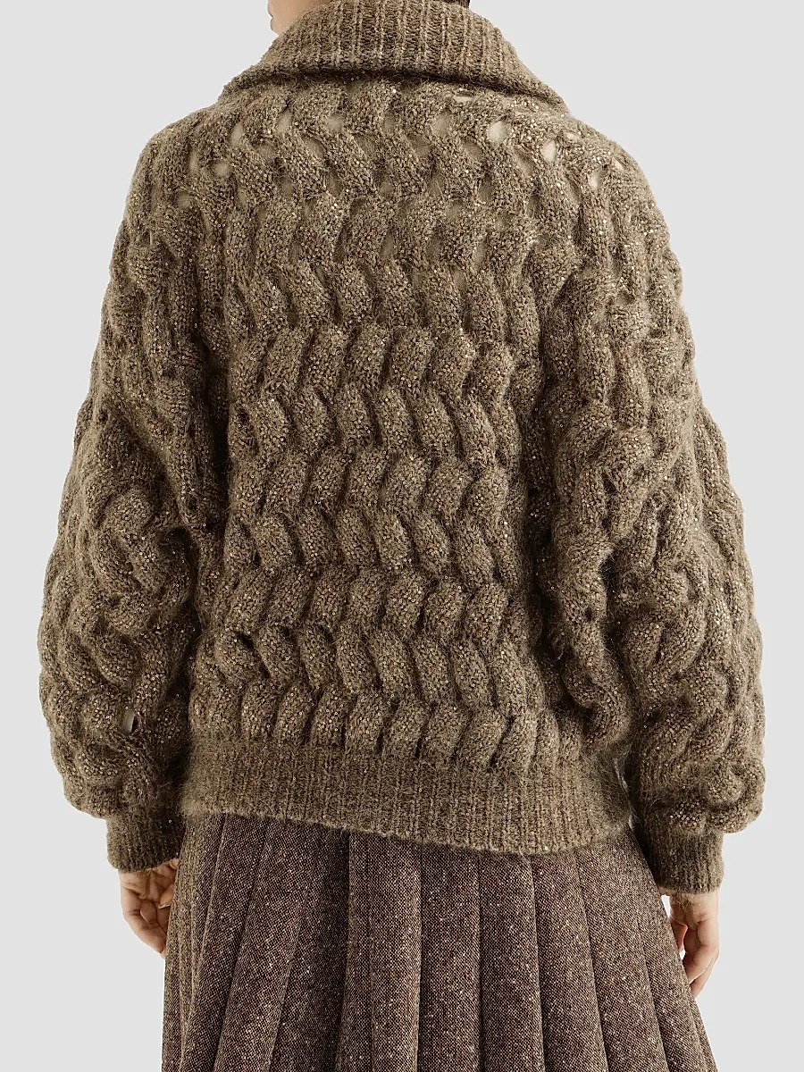 Brunello Cucinelli Women's Dazzling Zigzag Cables Cardigan in Mohair and Wool - Bark | Thumbnail 3 Brunello Cucinelli Women's Dazzling Zigzag Cables Cardigan in Mohair and Wool - Bark | Thumbnail 3