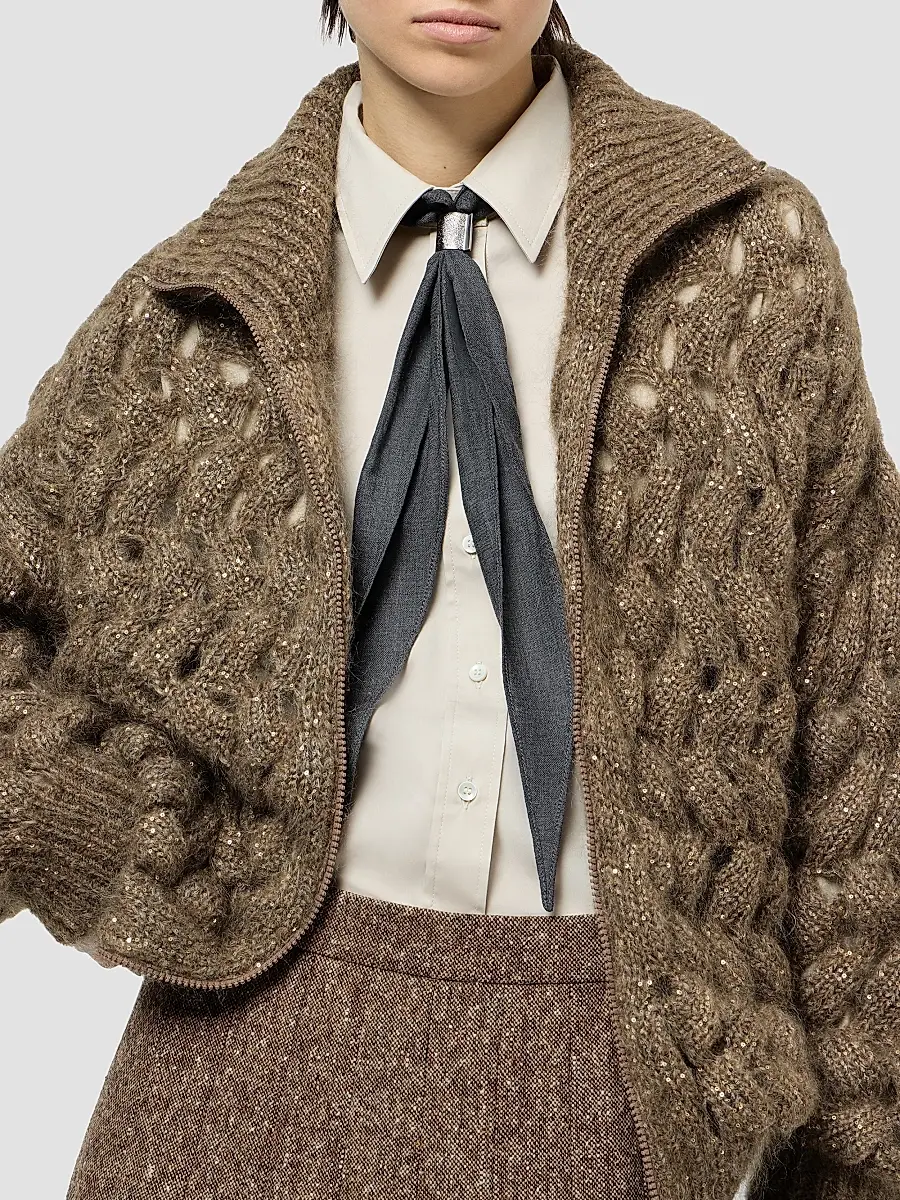 Brunello Cucinelli Women's Dazzling Zigzag Cables Cardigan in Mohair and Wool - Bark | Thumbnail 4 Brunello Cucinelli Women's Dazzling Zigzag Cables Cardigan in Mohair and Wool - Bark | Thumbnail 4
