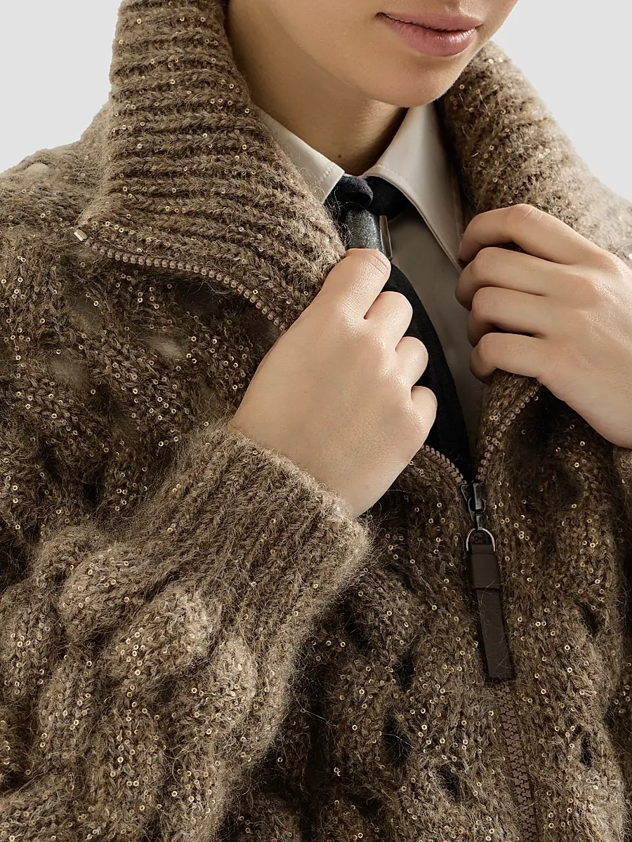 Brunello Cucinelli Women's Dazzling Zigzag Cables Cardigan in Mohair and Wool - Bark | Thumbnail 5 Brunello Cucinelli Women's Dazzling Zigzag Cables Cardigan in Mohair and Wool - Bark | Thumbnail 5