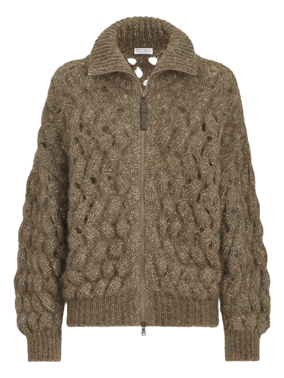 Brunello Cucinelli Women's Dazzling Zigzag Cables Cardigan in Mohair and Wool - Bark