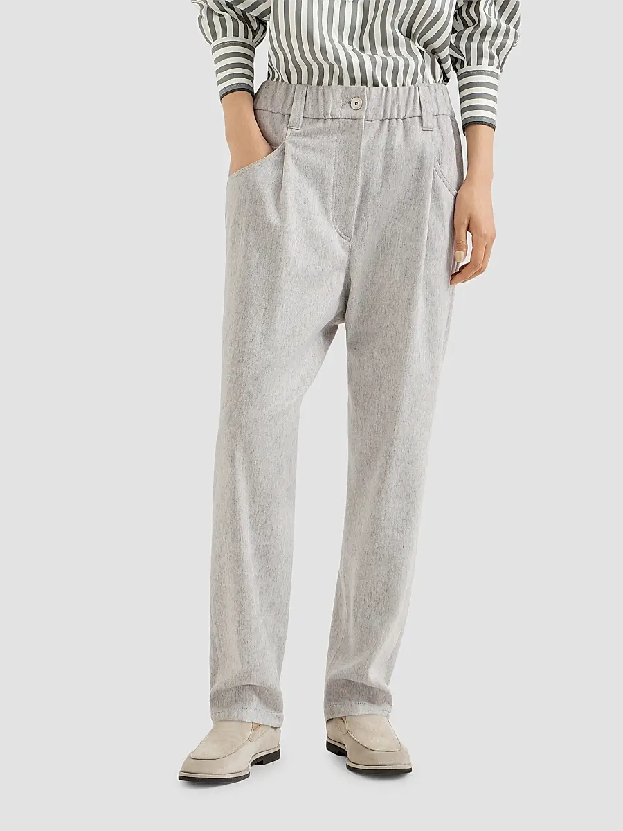 Brunello Cucinelli Women's Wool Flannel Baggy Trousers with Monili | Thumbnail 2 Brunello Cucinelli Women's Wool Flannel Baggy Trousers with Monili | Thumbnail 2
