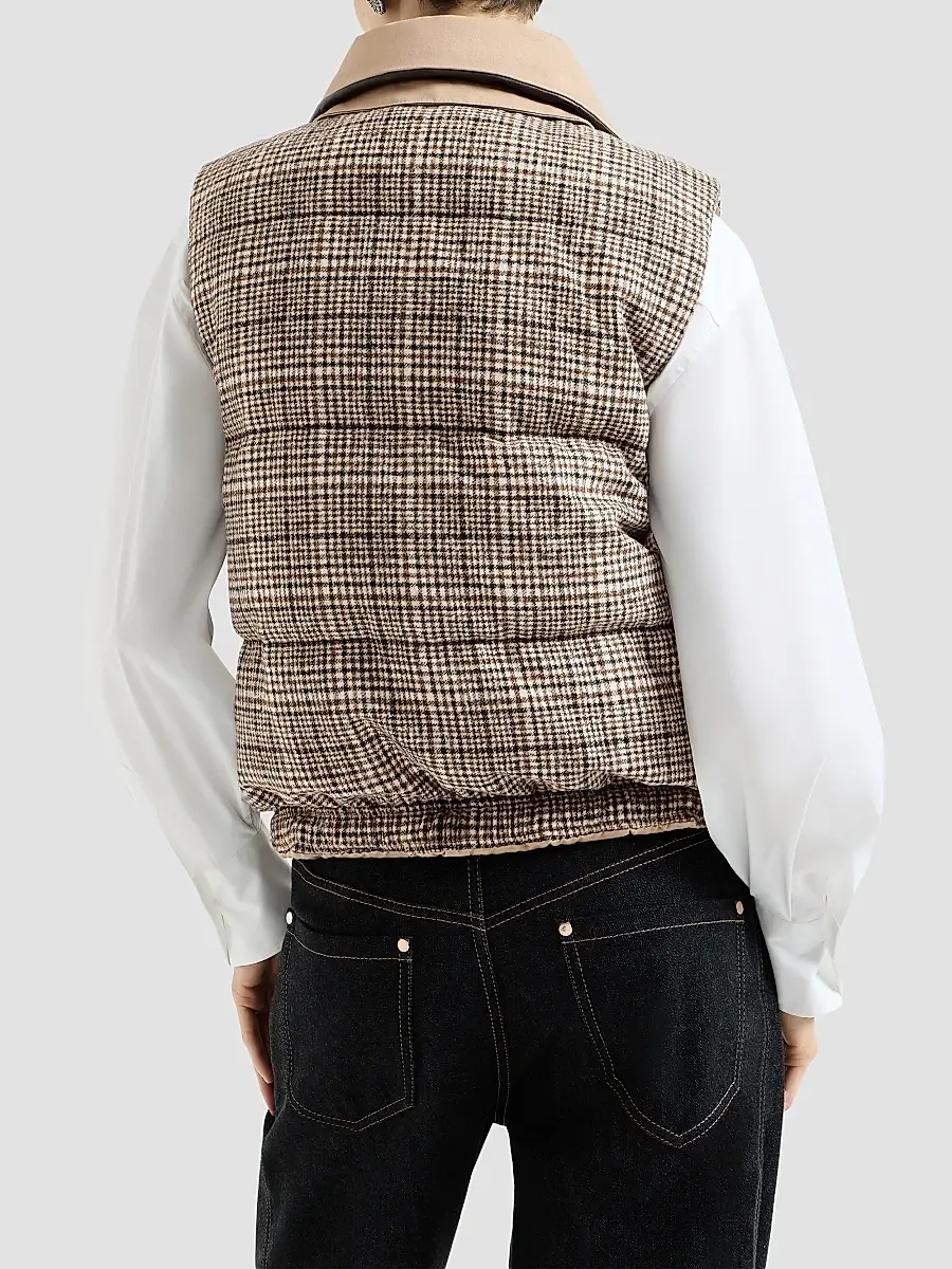 Brunello Cucinelli Women's Twill and Prince of Wales Reversible Down Vest with Detchable Leather Collar | Thumbnail 3 Brunello Cucinelli Women's Twill and Prince of Wales Reversible Down Vest with Detchable Leather Collar | Thumbnail 3
