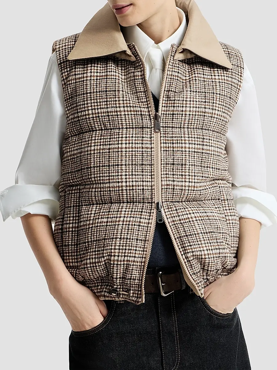 Brunello Cucinelli Women's Twill and Prince of Wales Reversible Down Vest with Detchable Leather Collar | Thumbnail 4 Brunello Cucinelli Women's Twill and Prince of Wales Reversible Down Vest with Detchable Leather Collar | Thumbnail 4
