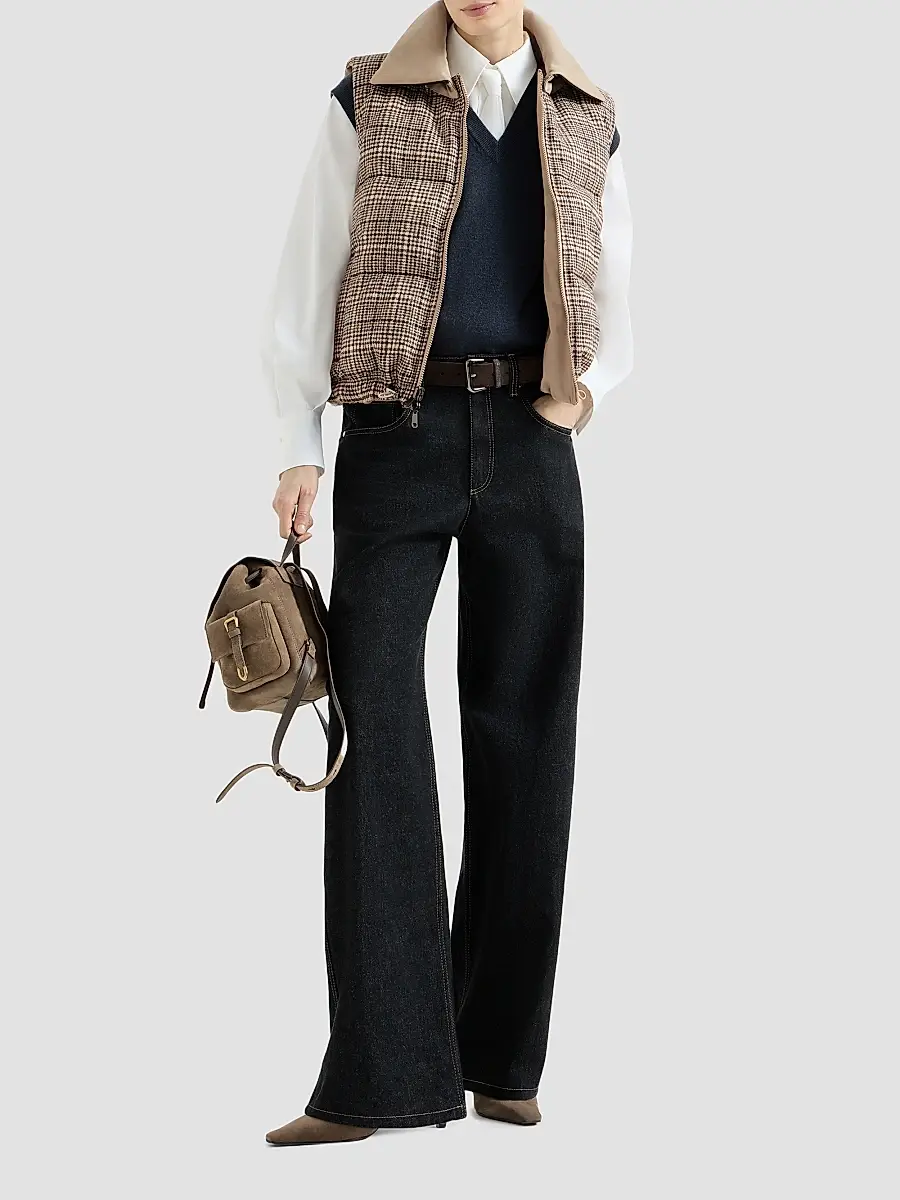 Brunello Cucinelli Women's Twill and Prince of Wales Reversible Down Vest with Detchable Leather Collar | Thumbnail 6 Brunello Cucinelli Women's Twill and Prince of Wales Reversible Down Vest with Detchable Leather Collar | Thumbnail 6