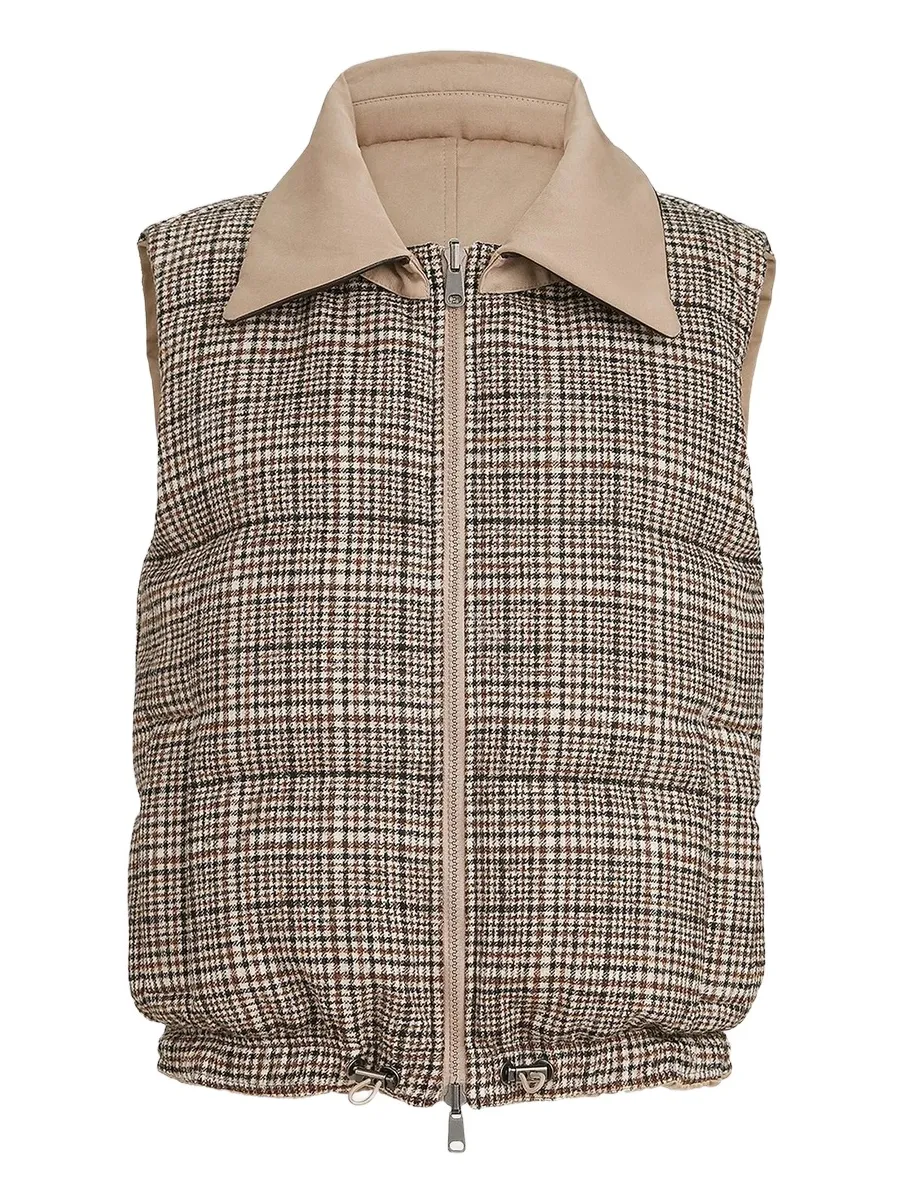 Brunello Cucinelli Women's Twill and Prince of Wales Reversible Down Vest with Detchable Leather Collar