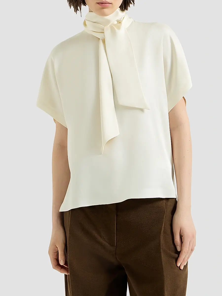 Brunello Cucinelli Women's Silk Satin High-Neck T-Shirt with Monili - Fog | Thumbnail 2