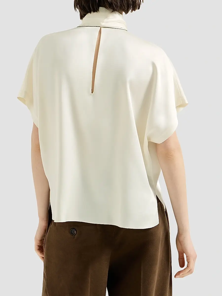 Brunello Cucinelli Women's Silk Satin High-Neck T-Shirt with Monili - Fog | Thumbnail 3