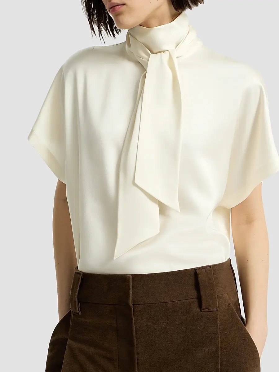 Brunello Cucinelli Women's Silk Satin High-Neck T-Shirt with Monili - Fog | Thumbnail 4
