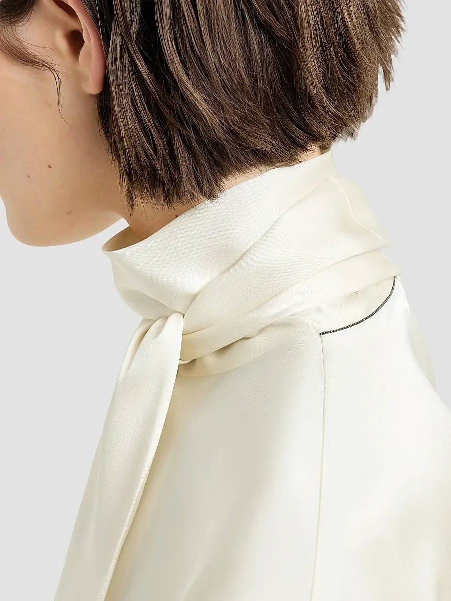 Brunello Cucinelli Women's Silk Satin High-Neck T-Shirt with Monili - Fog | Thumbnail 5
